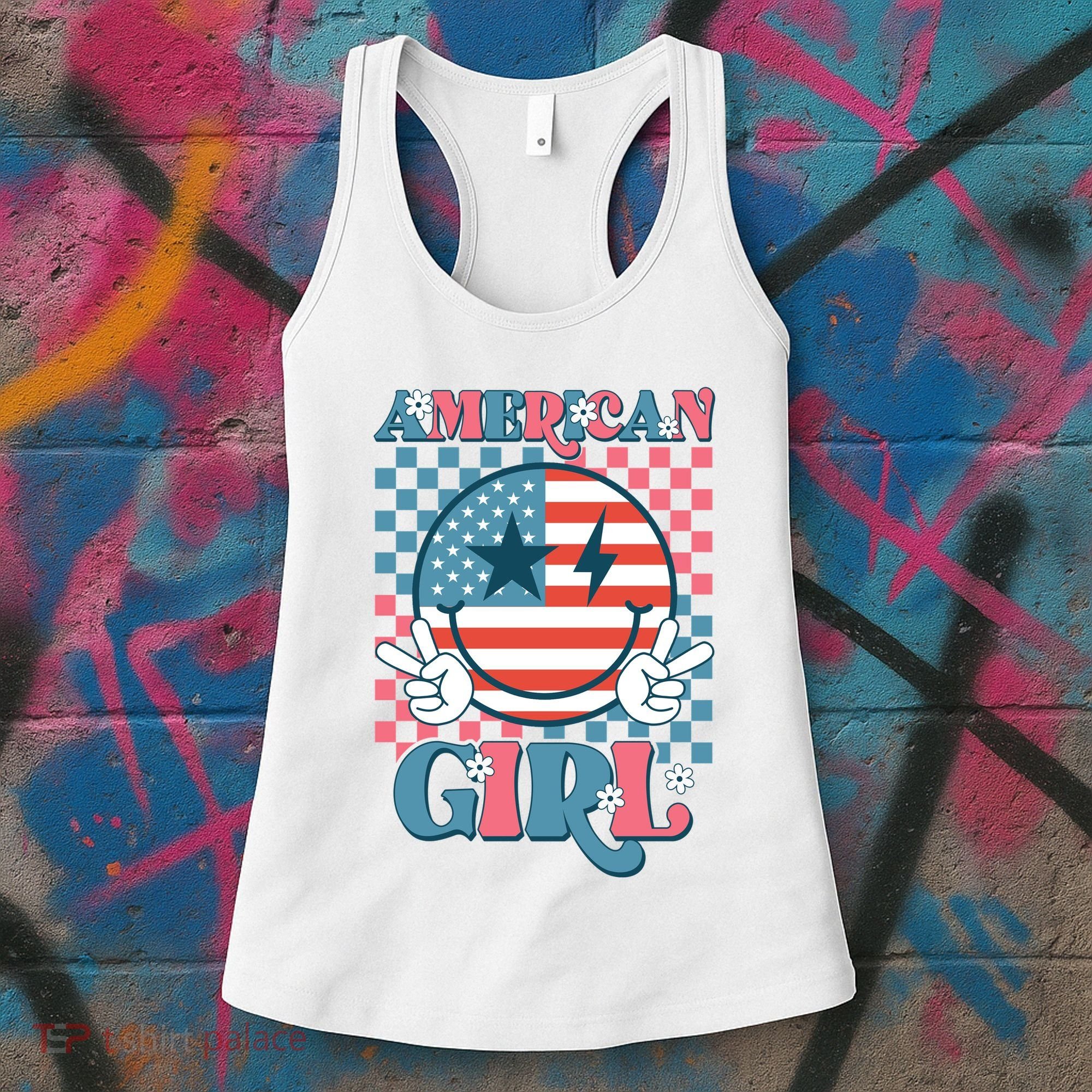 American Girl Retro Groovy 4th Of July Smile Peace Women's Tank Top