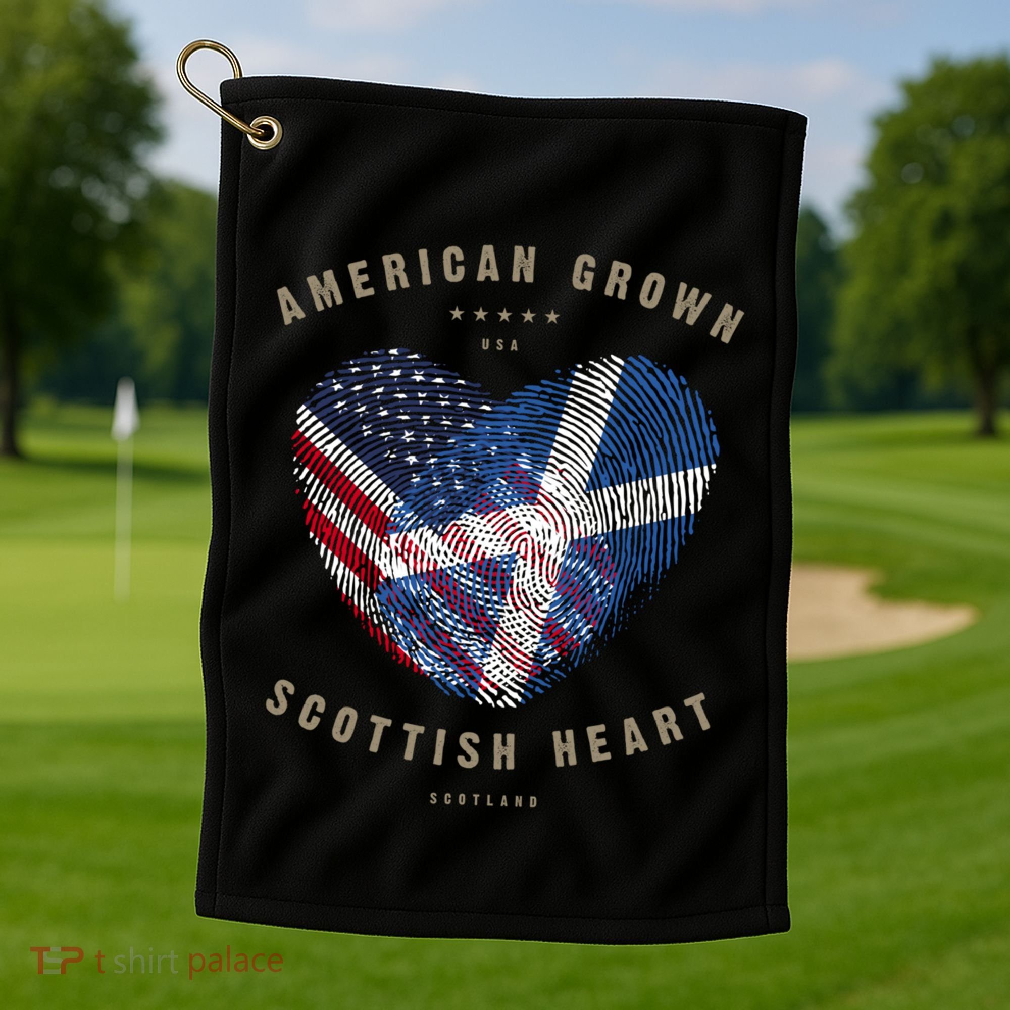 American Grown Scottish Heart Love Scotland Flag Gift Golf Towel