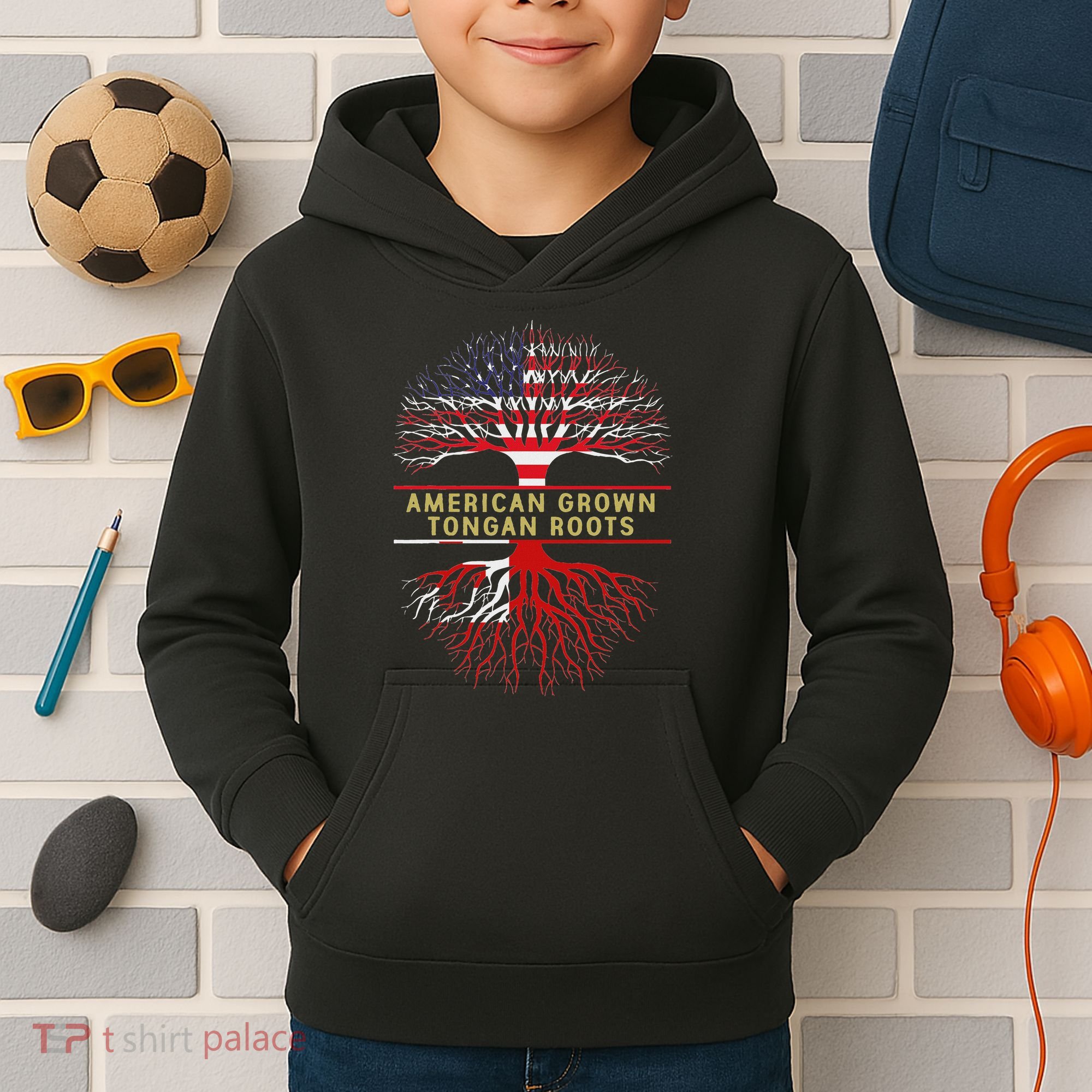 American Grown Tongan Roots America Tonga Tree Flag Kids Hoodie