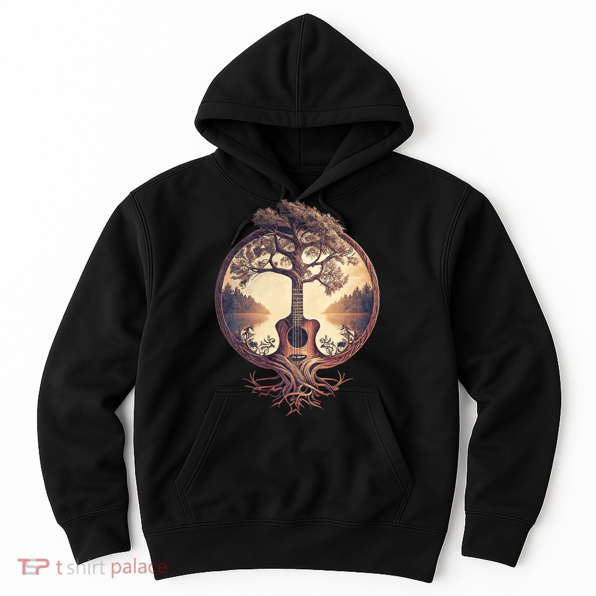 Acoustic Guitar Tree By The Lake Guitarist Nature Hoodie