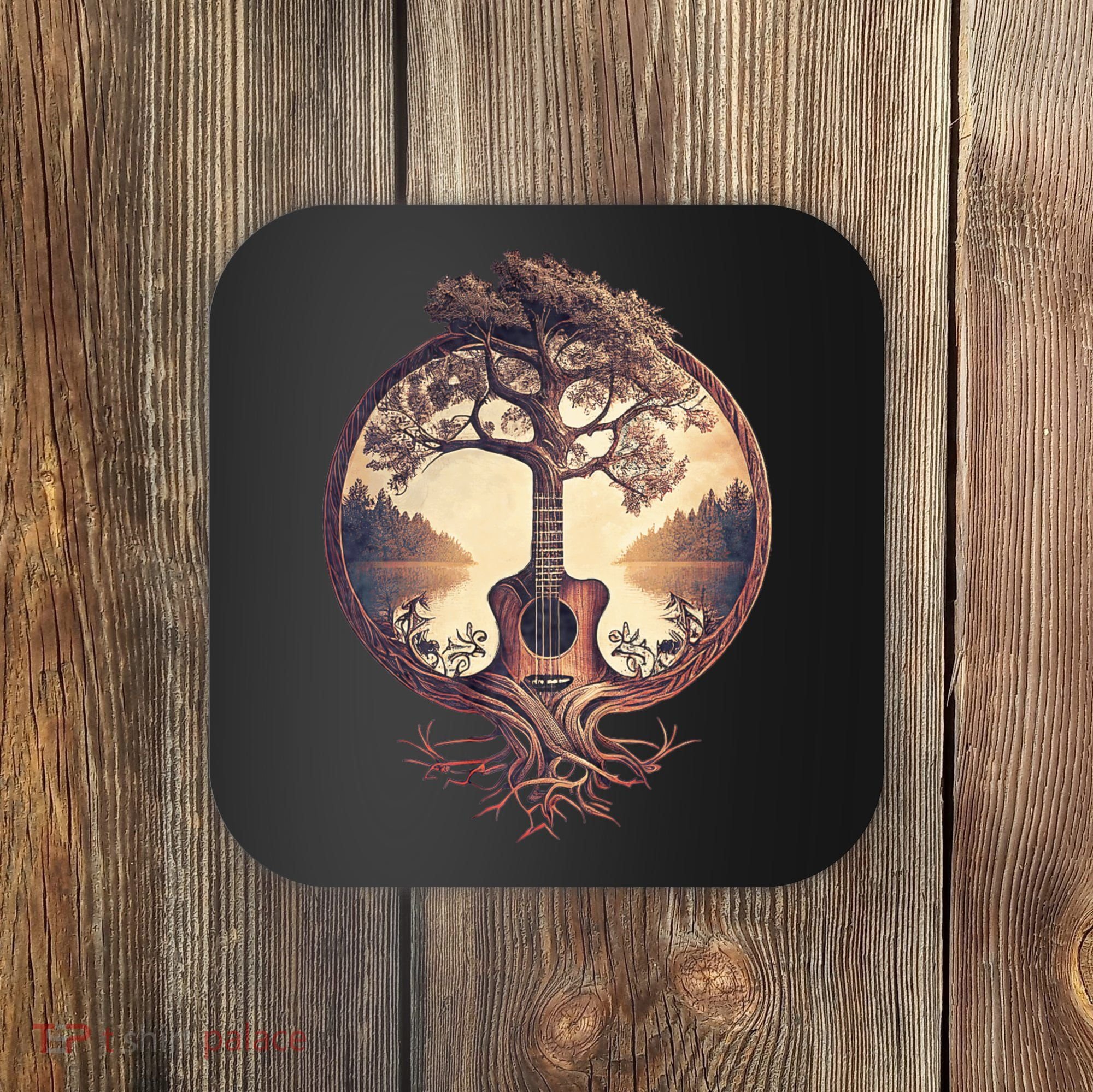 Acoustic Guitar Tree By The Lake Guitarist Nature Coaster