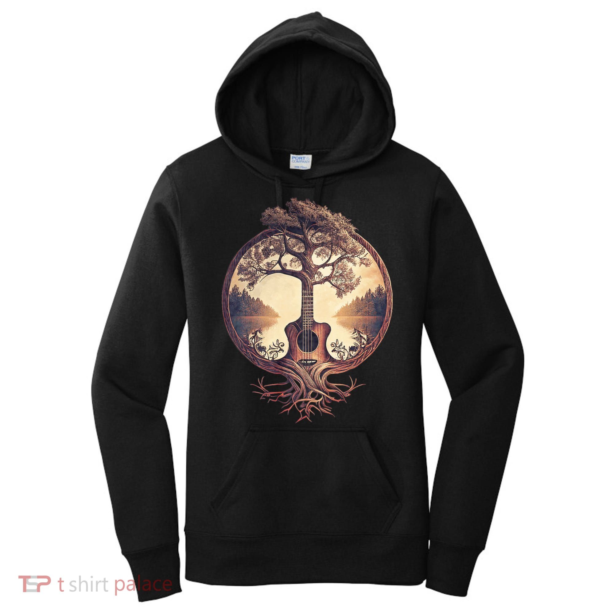 Acoustic Guitar Tree By The Lake Guitarist Nature Women's Hoodie