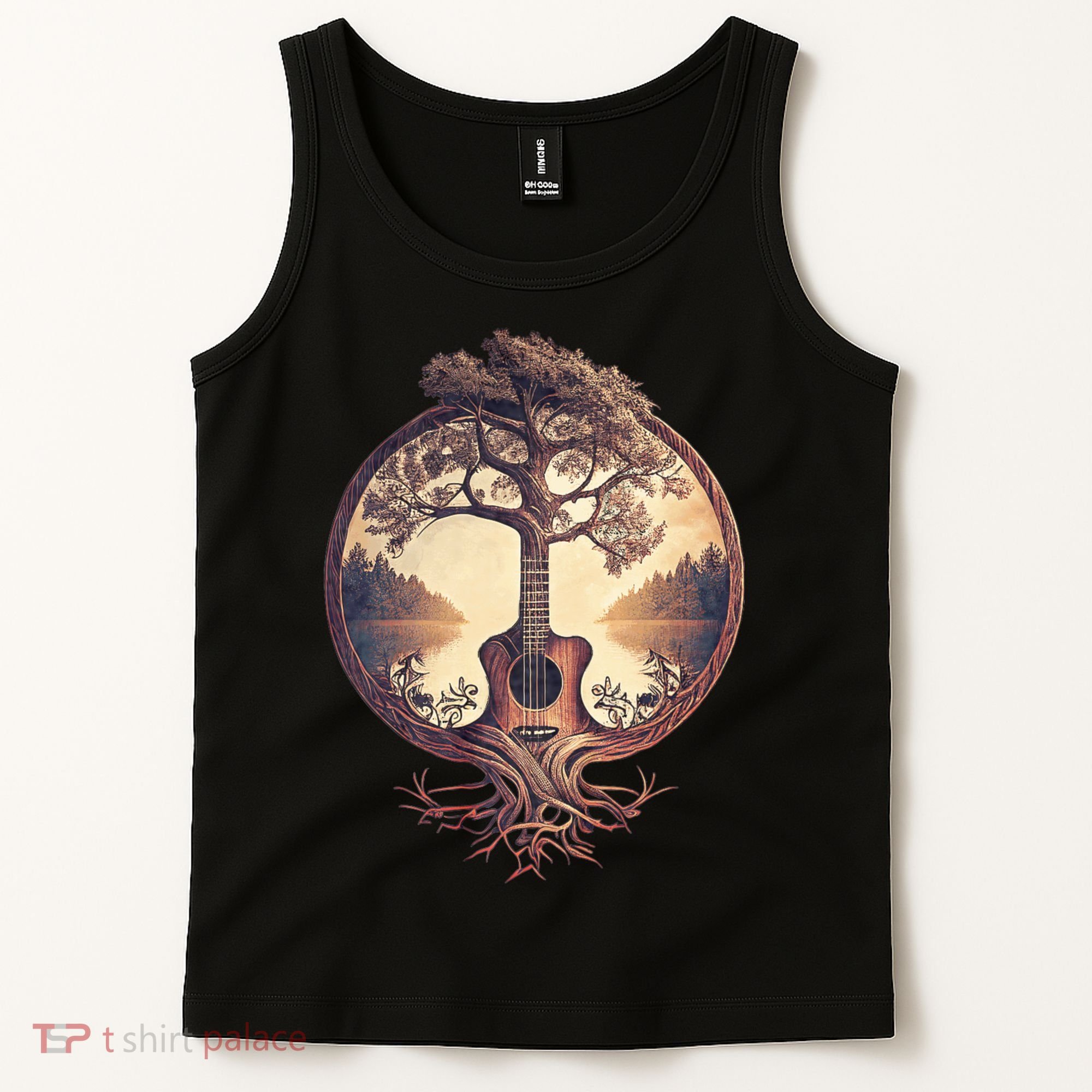 Acoustic Guitar Tree By The Lake Guitarist Nature Tank Top