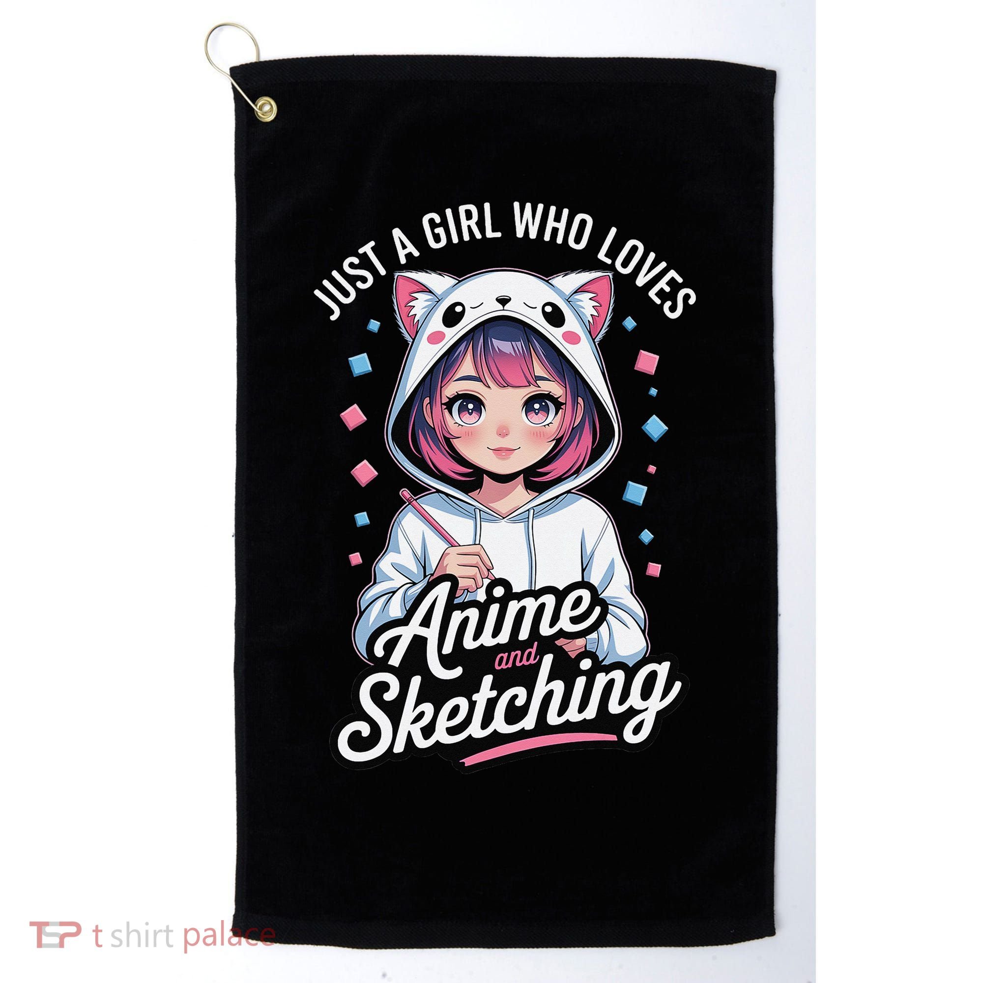 Anime Girl With Cat Ears Holding Marker Golf Towel