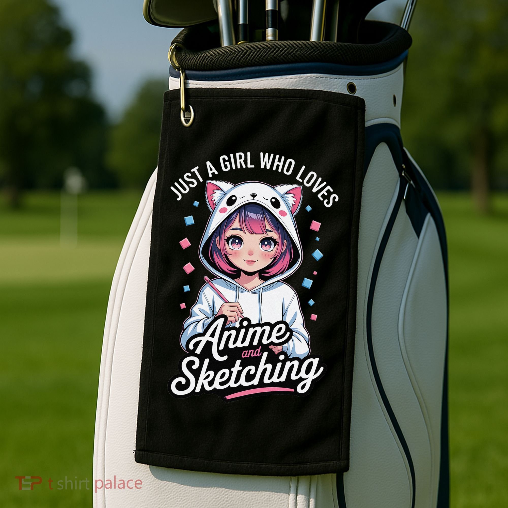 Anime Girl With Cat Ears Holding Marker Golf Towel