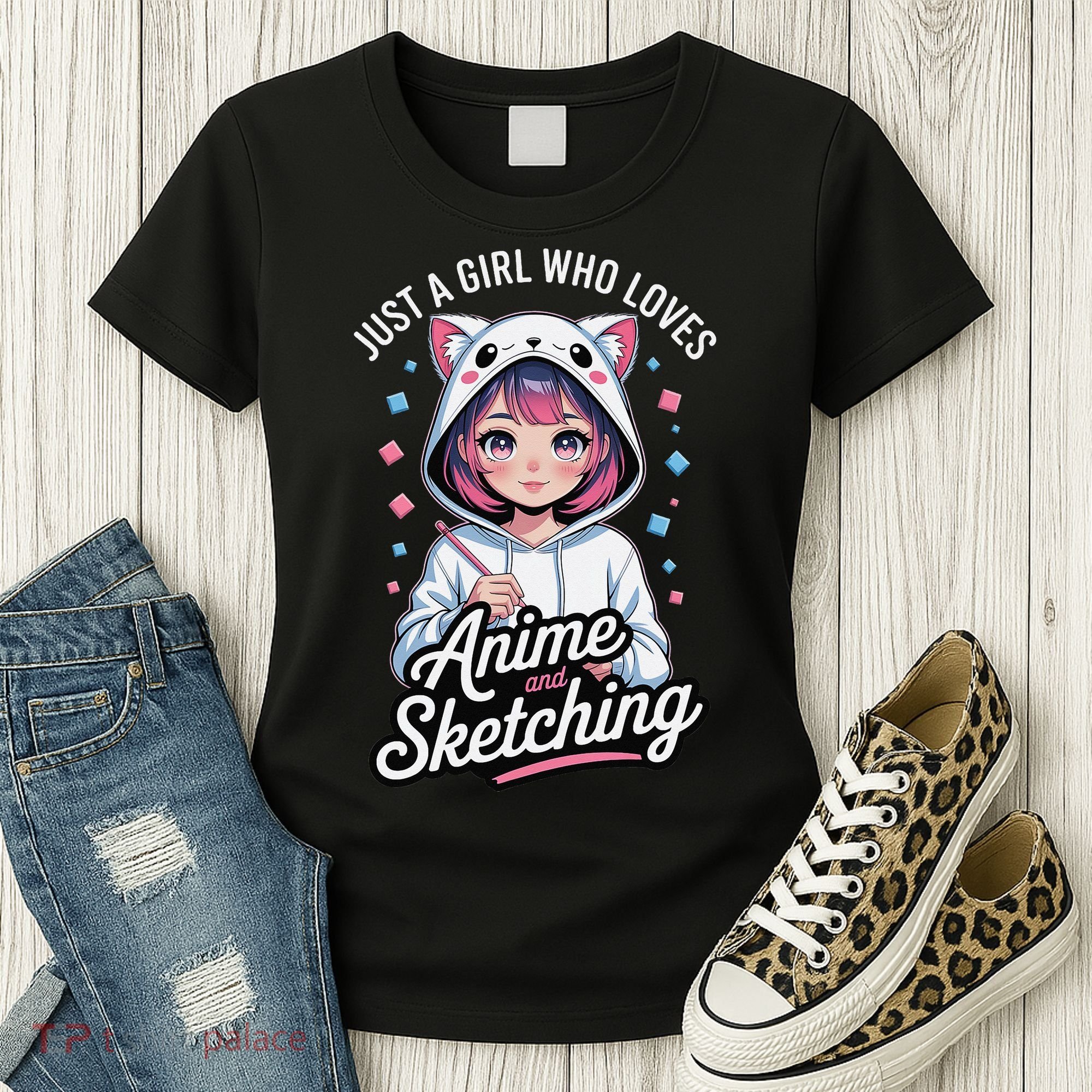 Anime Girl With Cat Ears Holding Marker Women's T-Shirt