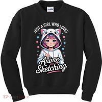 Anime Girl With Cat Ears Holding Marker Kids Sweatshirt thumb 0
