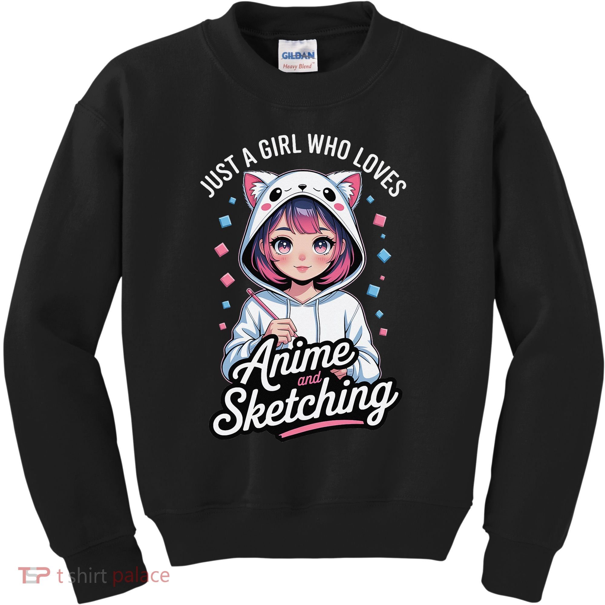 Anime Girl With Cat Ears Holding Marker Kids Sweatshirt