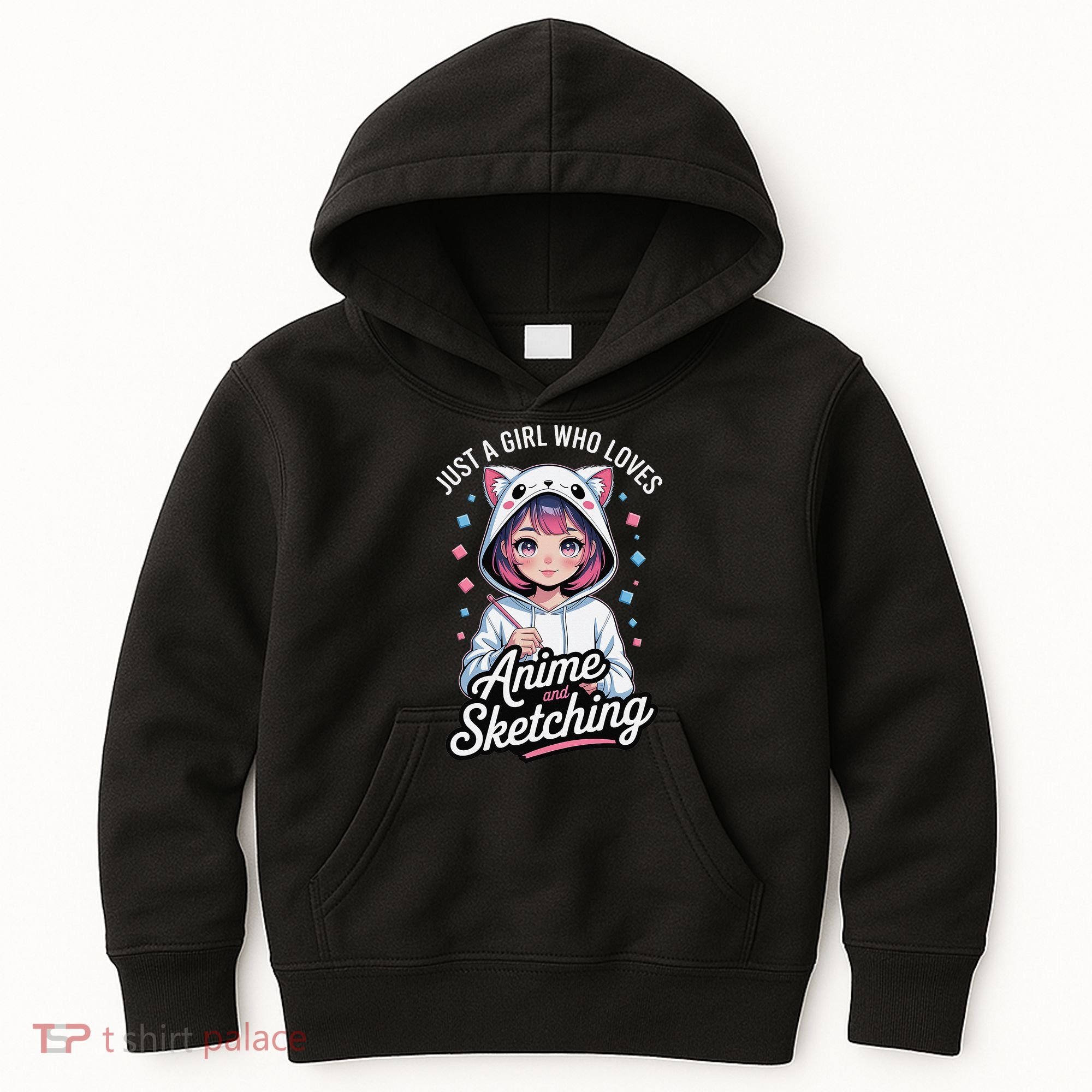 Anime Girl With Cat Ears Holding Marker Kids Hoodie