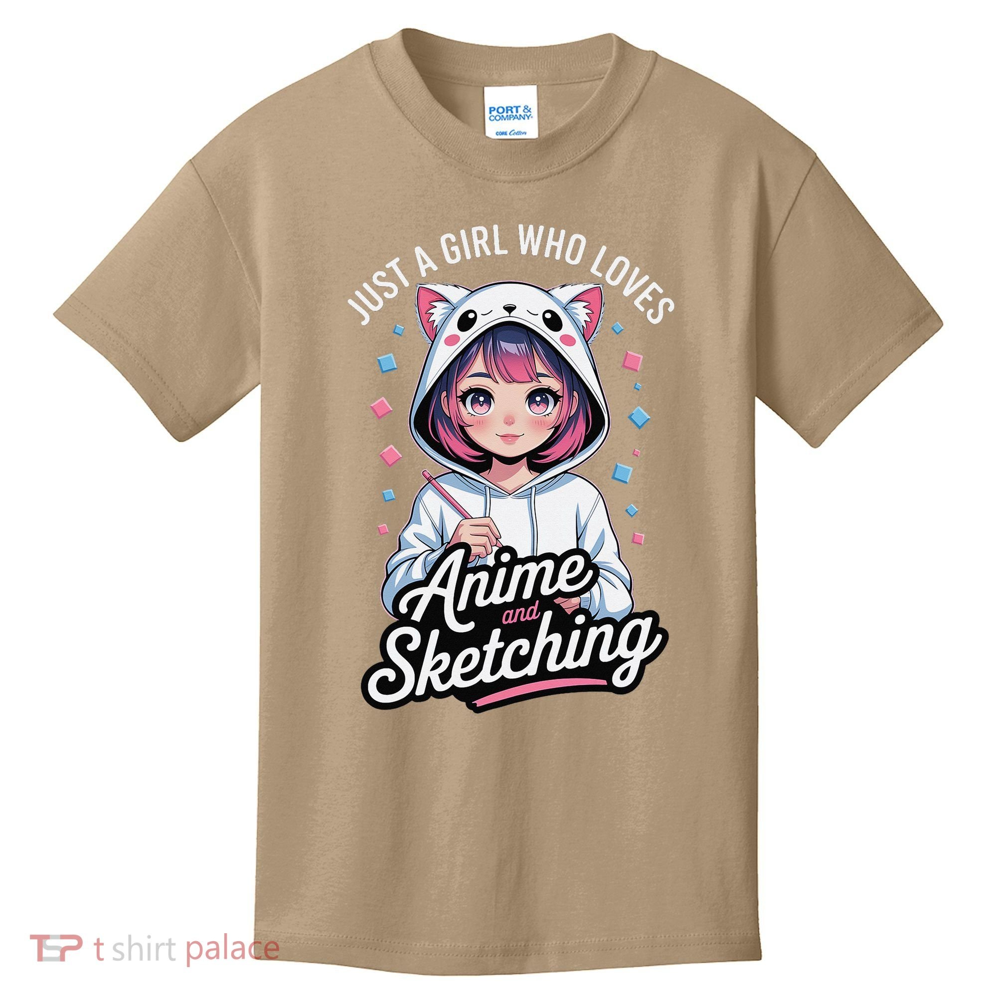 Anime Girl With Cat Ears Holding Marker Kids T-Shirt