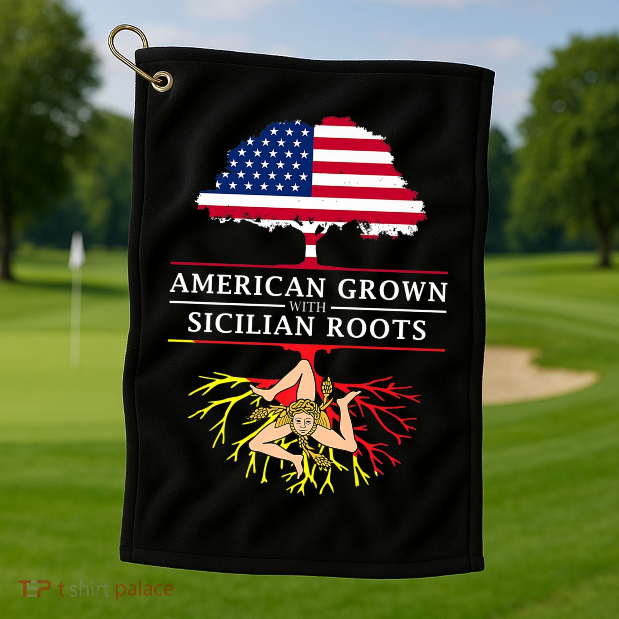 American Grown With Sicilian Roots Gift Sicily Gift Golf Towel
