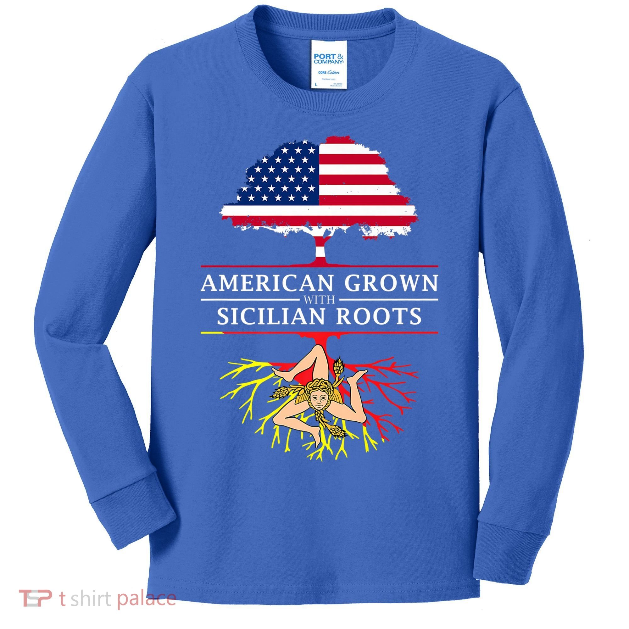 American Grown With Sicilian Roots Gift Sicily Gift Kids Long Sleeve Shirt