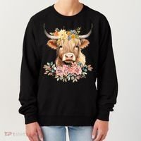 Adorable Highland Cow Calf with Festive Flowers Women's Sweatshirt thumb 0