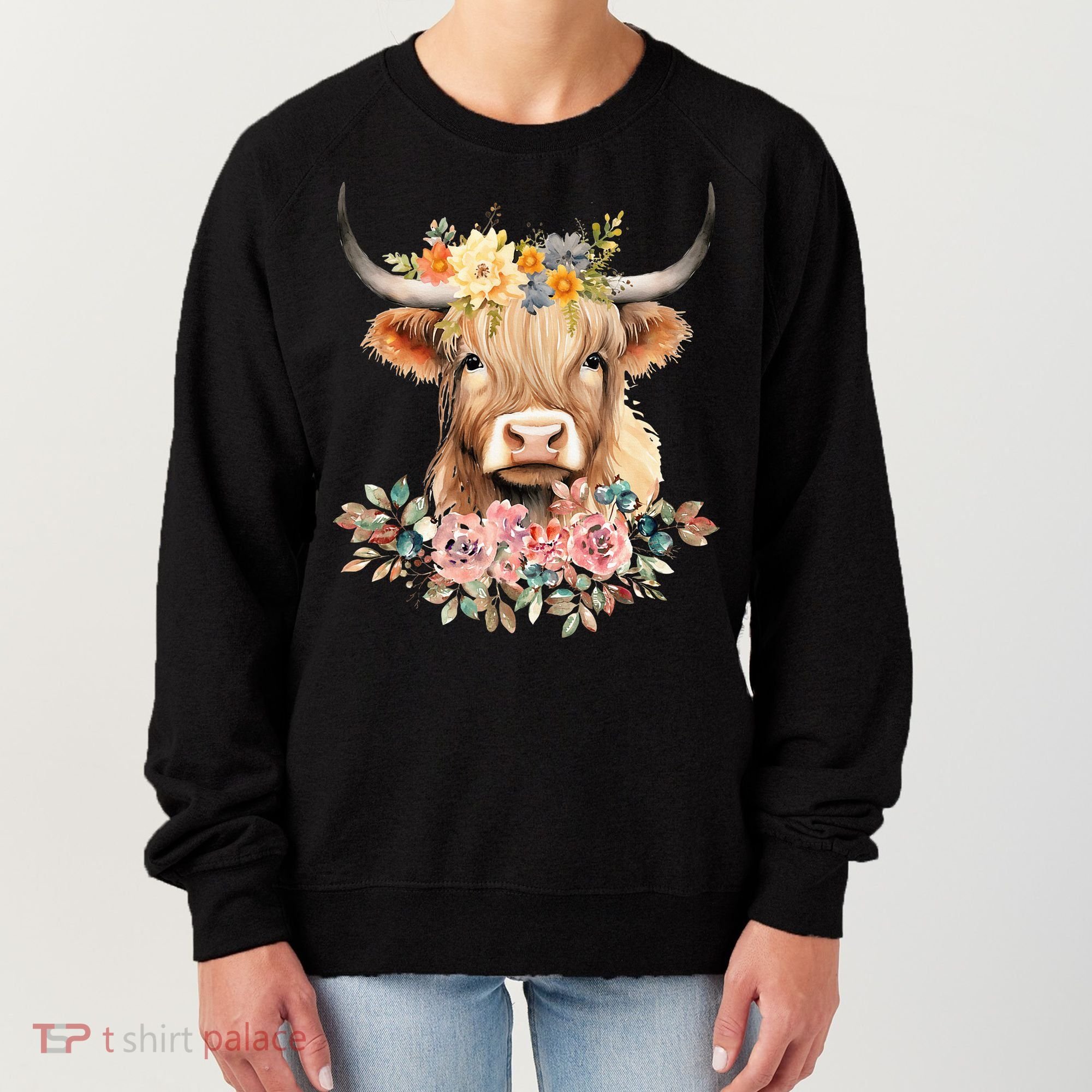 Adorable Highland Cow Calf with Festive Flowers Women's Sweatshirt