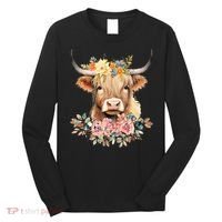Adorable Highland Cow Calf with Festive Flowers Long Sleeve Shirt thumb 0