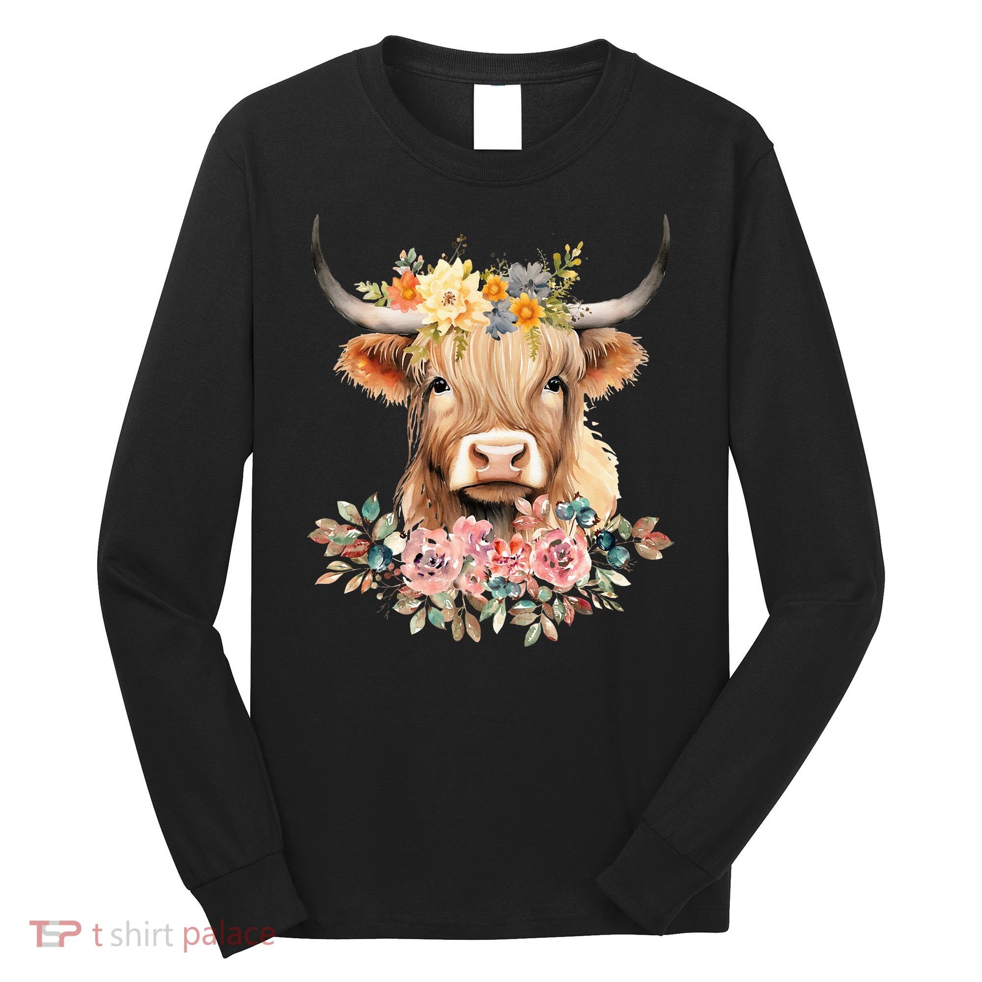 Adorable Highland Cow Calf with Festive Flowers Long Sleeve Shirt
