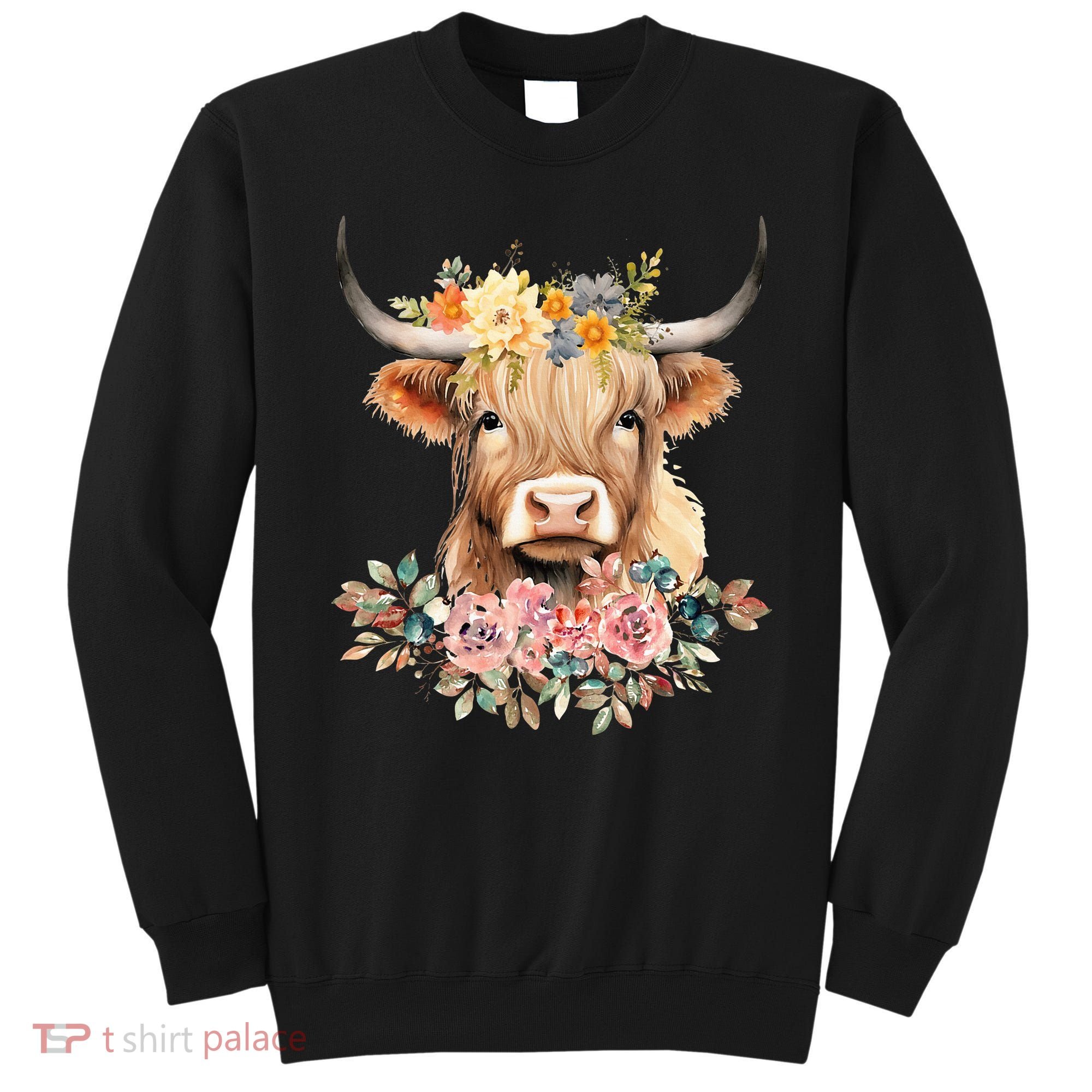 Adorable Highland Cow Calf with Festive Flowers Sweatshirt