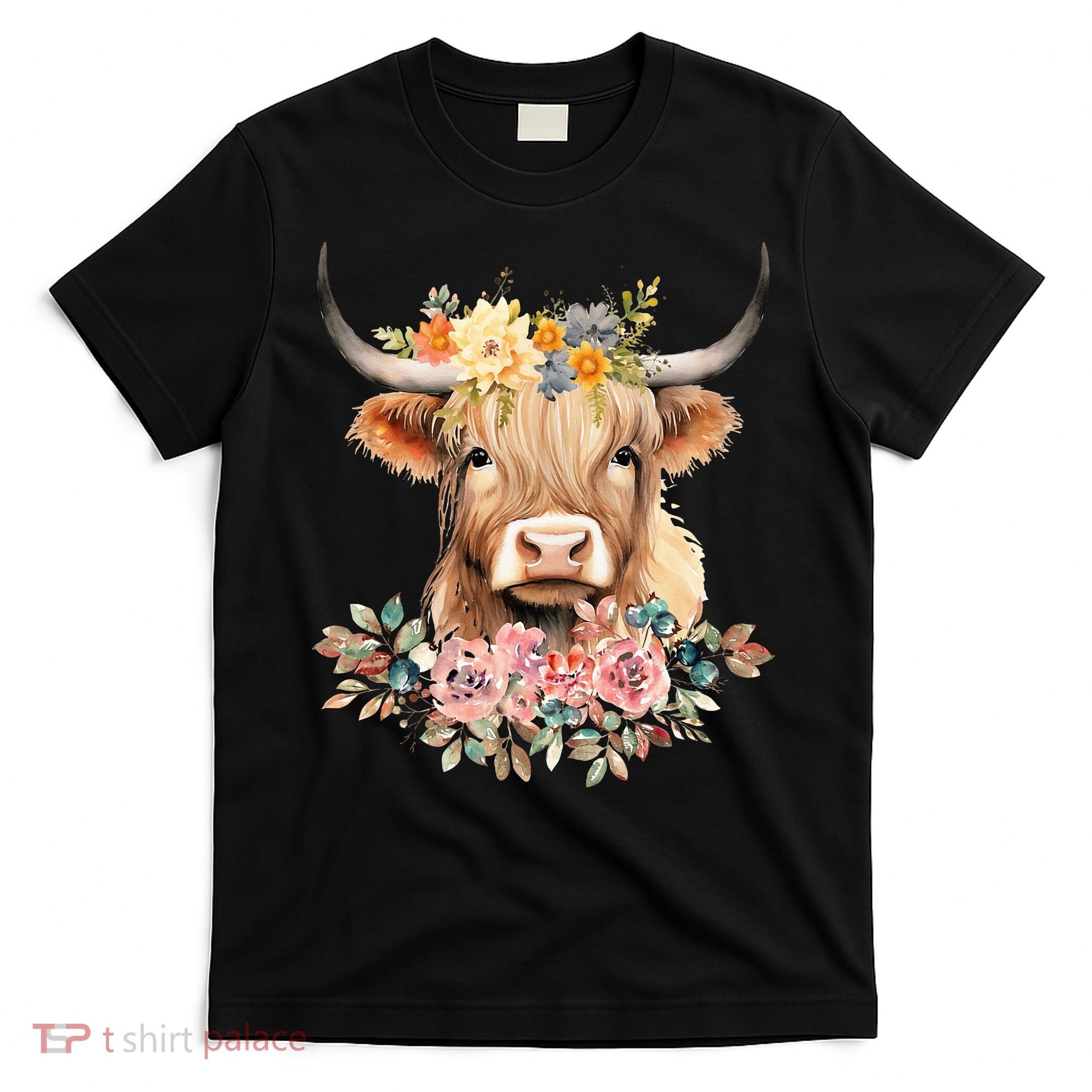 Adorable Highland Cow Calf with Festive Flowers T-Shirt