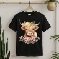Adorable Highland Cow Calf with Festive Flowers T-Shirt thumb 2