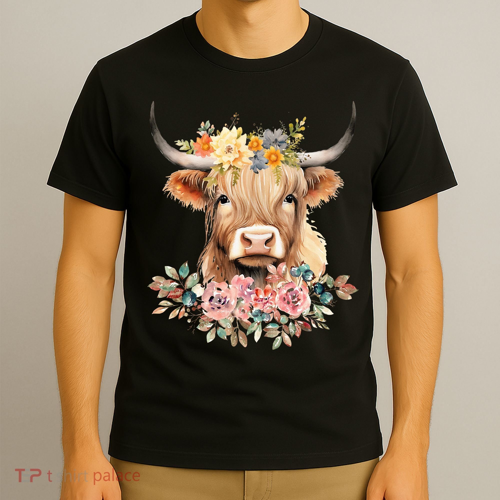 Adorable Highland Cow Calf with Festive Flowers T-Shirt