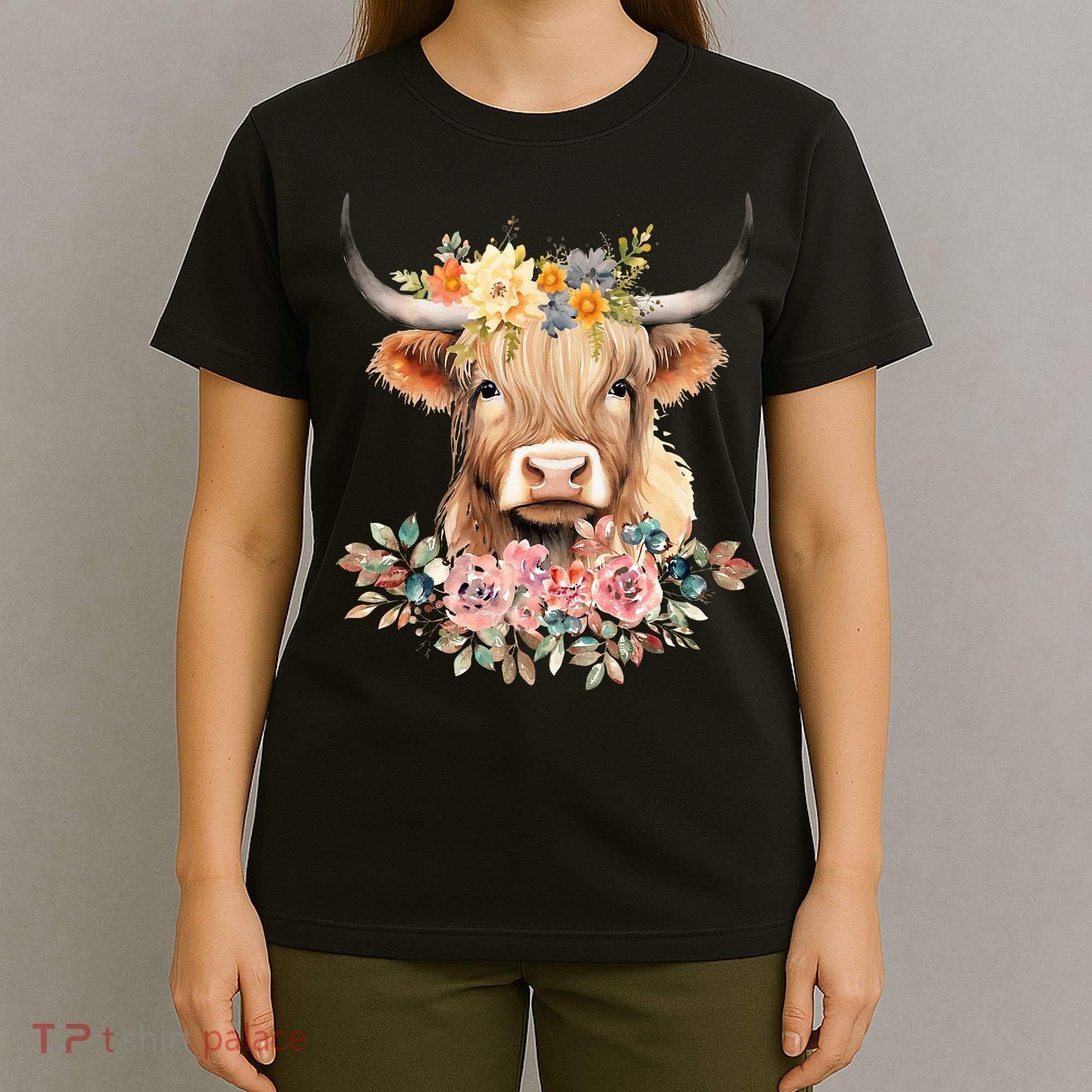 Adorable Highland Cow Calf with Festive Flowers T-Shirt