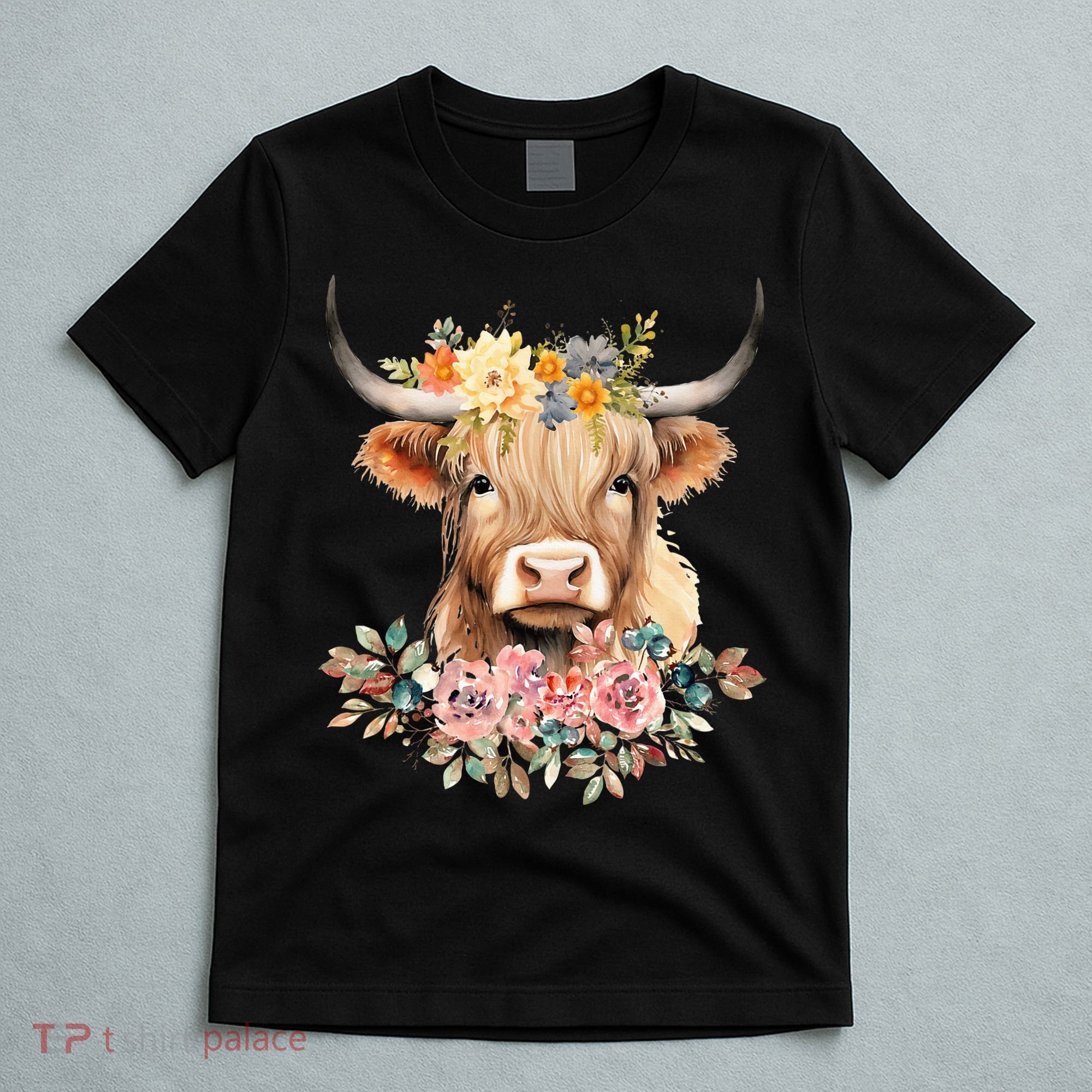 Adorable Highland Cow Calf with Festive Flowers T-Shirt
