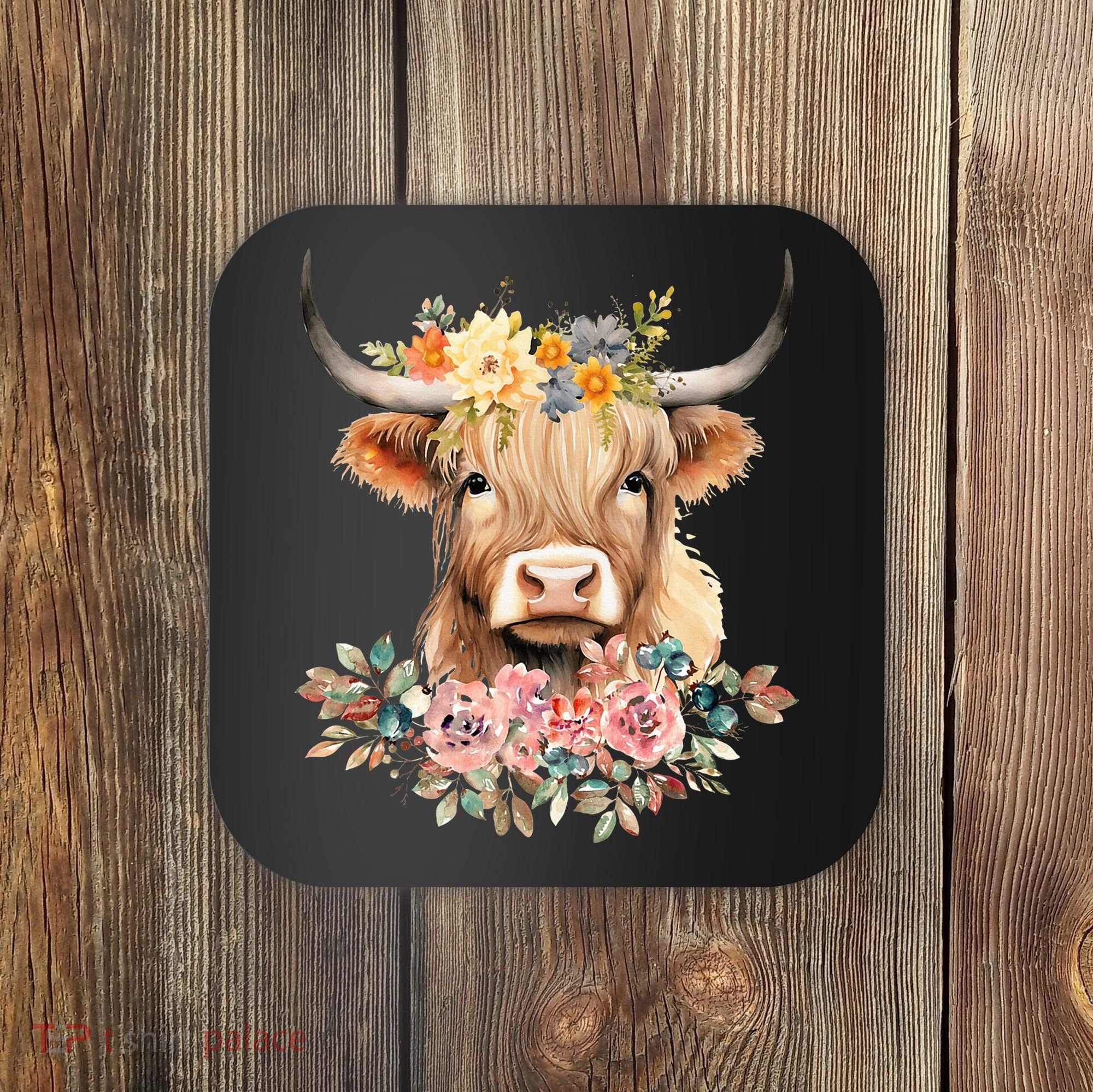 Adorable Highland Cow Calf with Festive Flowers Coaster
