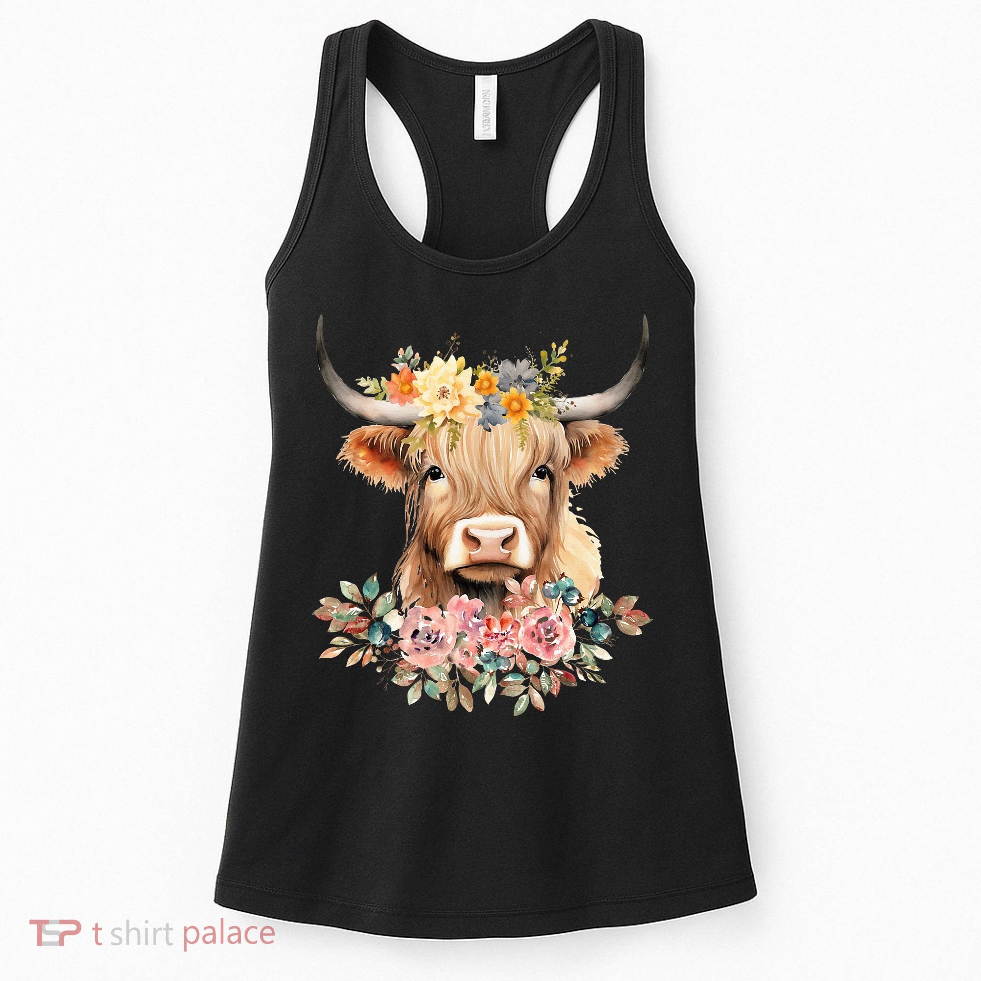 Adorable Highland Cow Calf with Festive Flowers Women's Tank Top