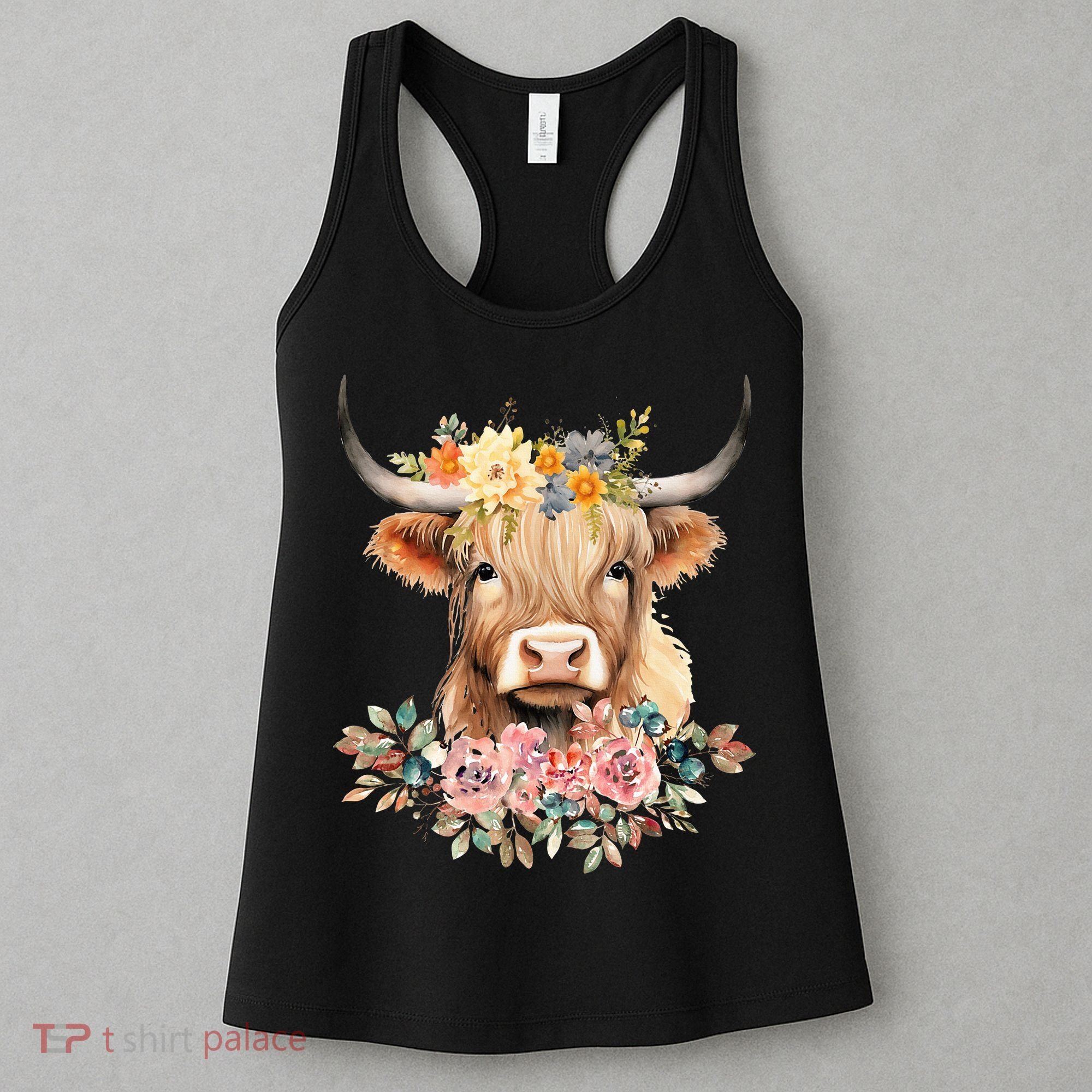 Adorable Highland Cow Calf with Festive Flowers Women's Tank Top