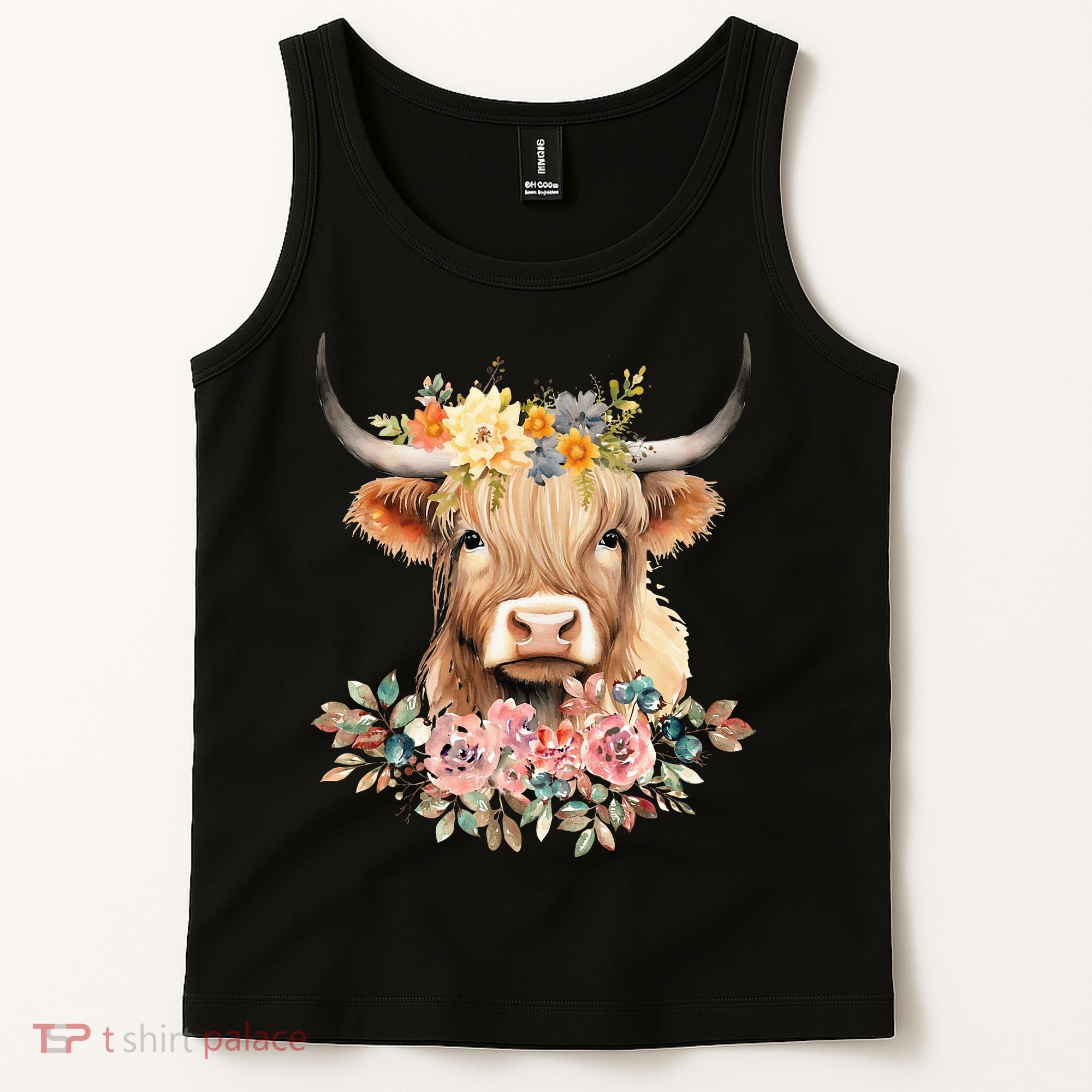 Adorable Highland Cow Calf with Festive Flowers Tank Top