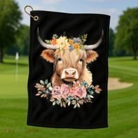 Adorable Highland Cow Calf with Festive Flowers Golf Towel thumb 1