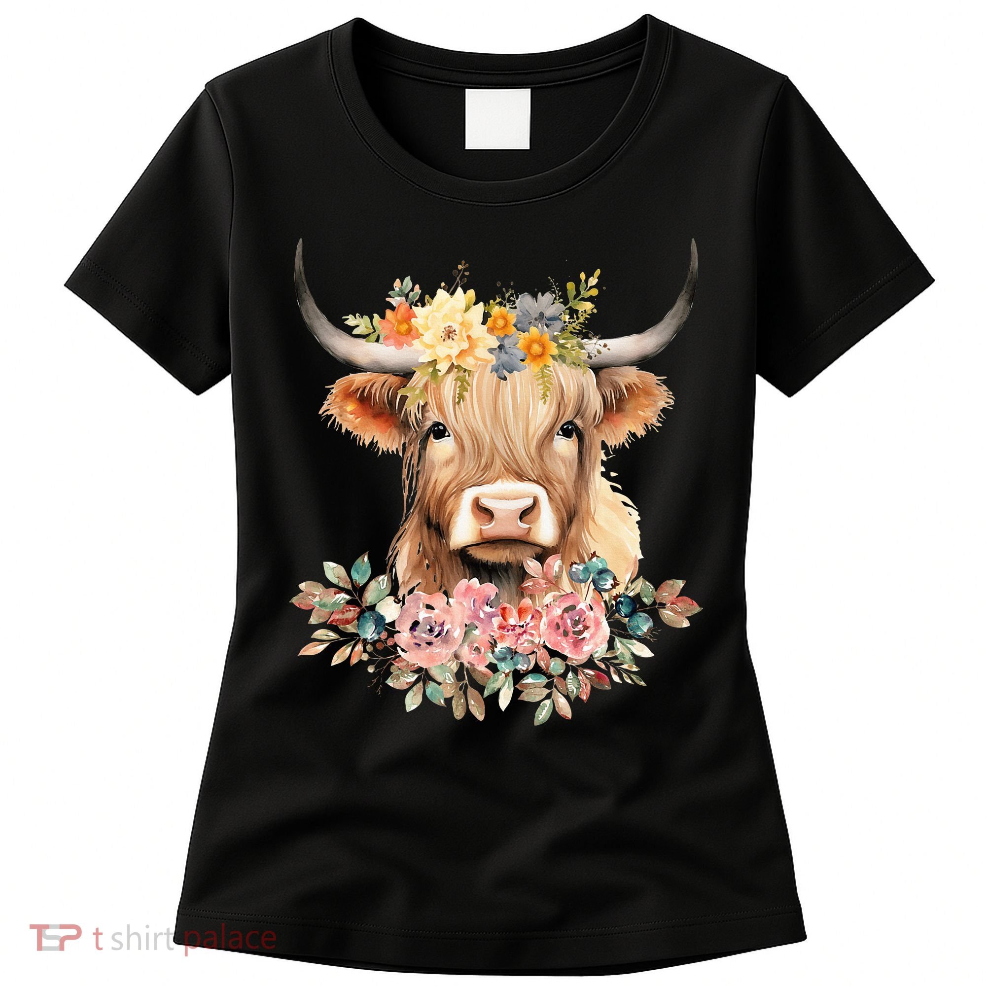 Adorable Highland Cow Calf with Festive Flowers Women's T-Shirt