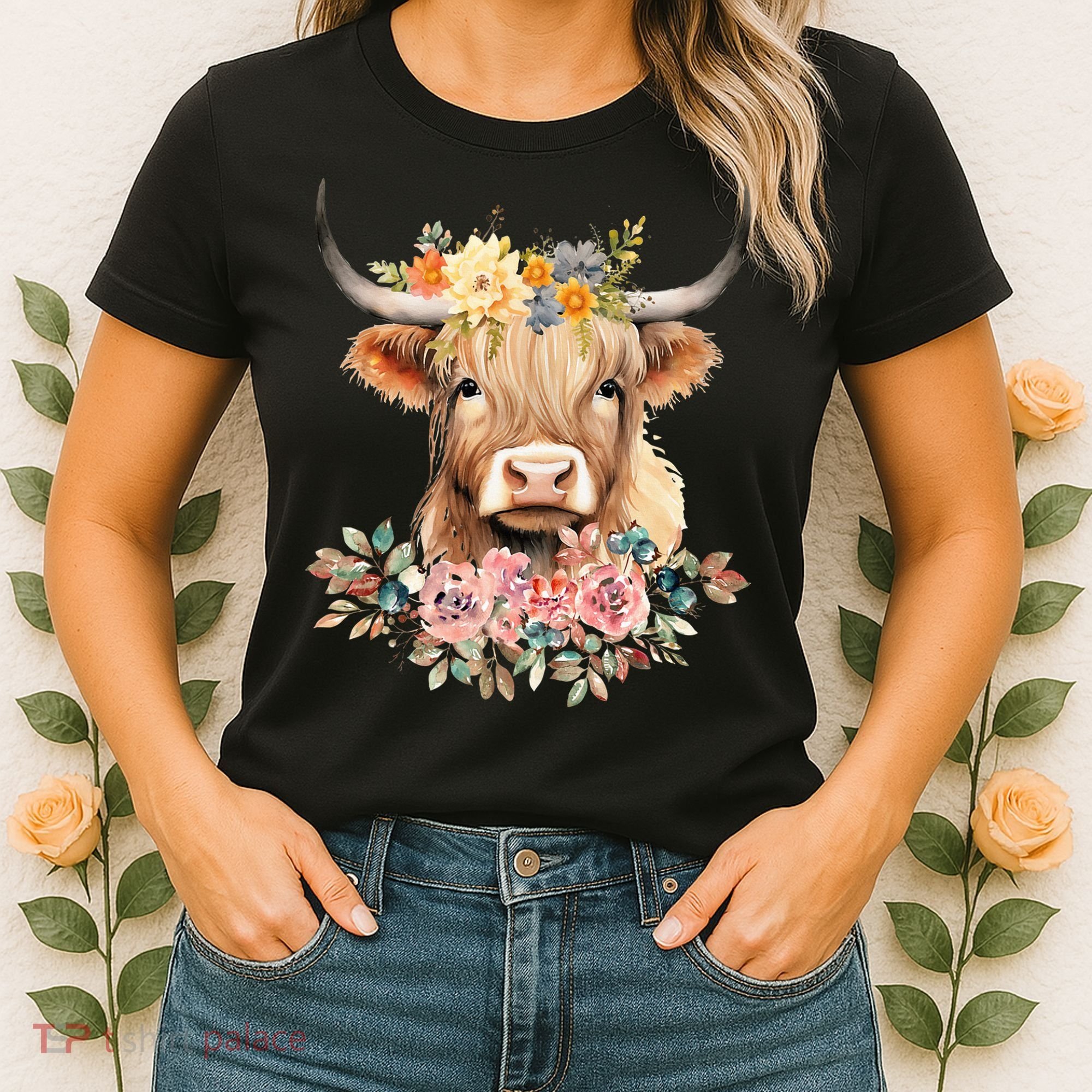 Adorable Highland Cow Calf with Festive Flowers Women's T-Shirt