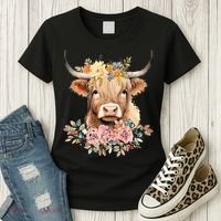 Adorable Highland Cow Calf with Festive Flowers Women's T-Shirt thumb 3