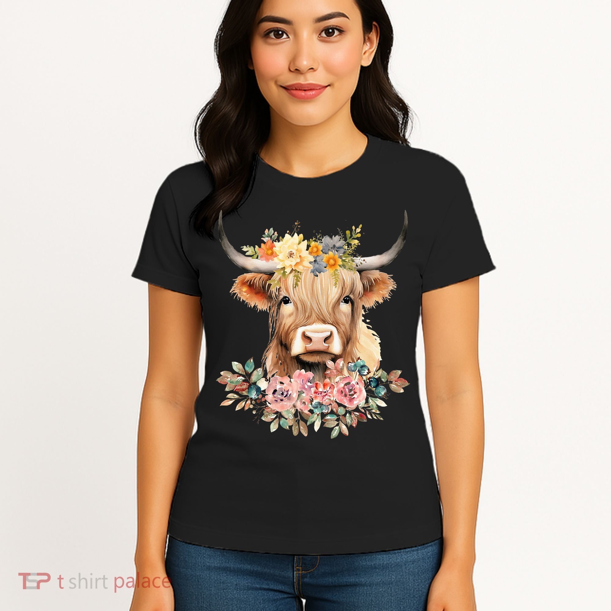 Adorable Highland Cow Calf with Festive Flowers Women's T-Shirt