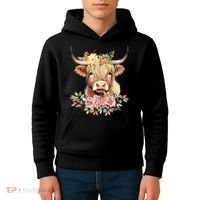 Adorable Highland Cow Calf with Festive Flowers Kids Hoodie thumb 4