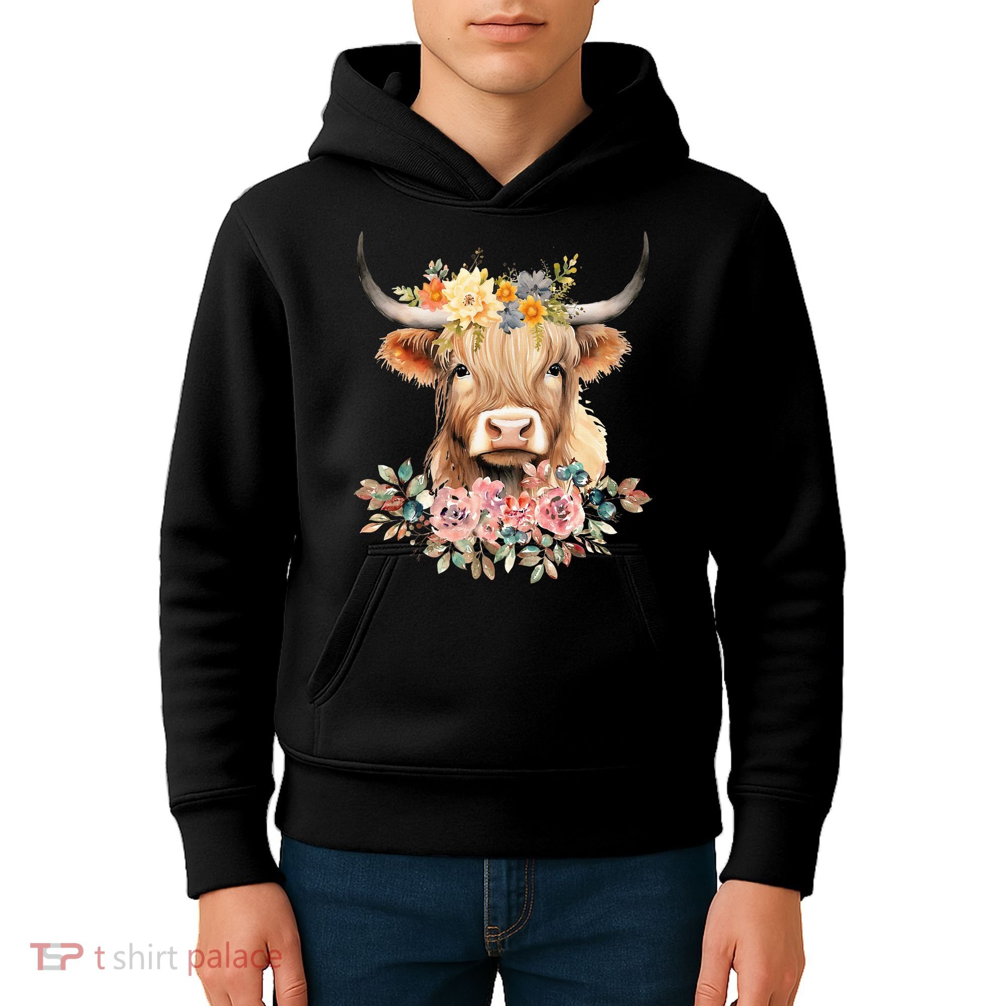 Adorable Highland Cow Calf with Festive Flowers Kids Hoodie