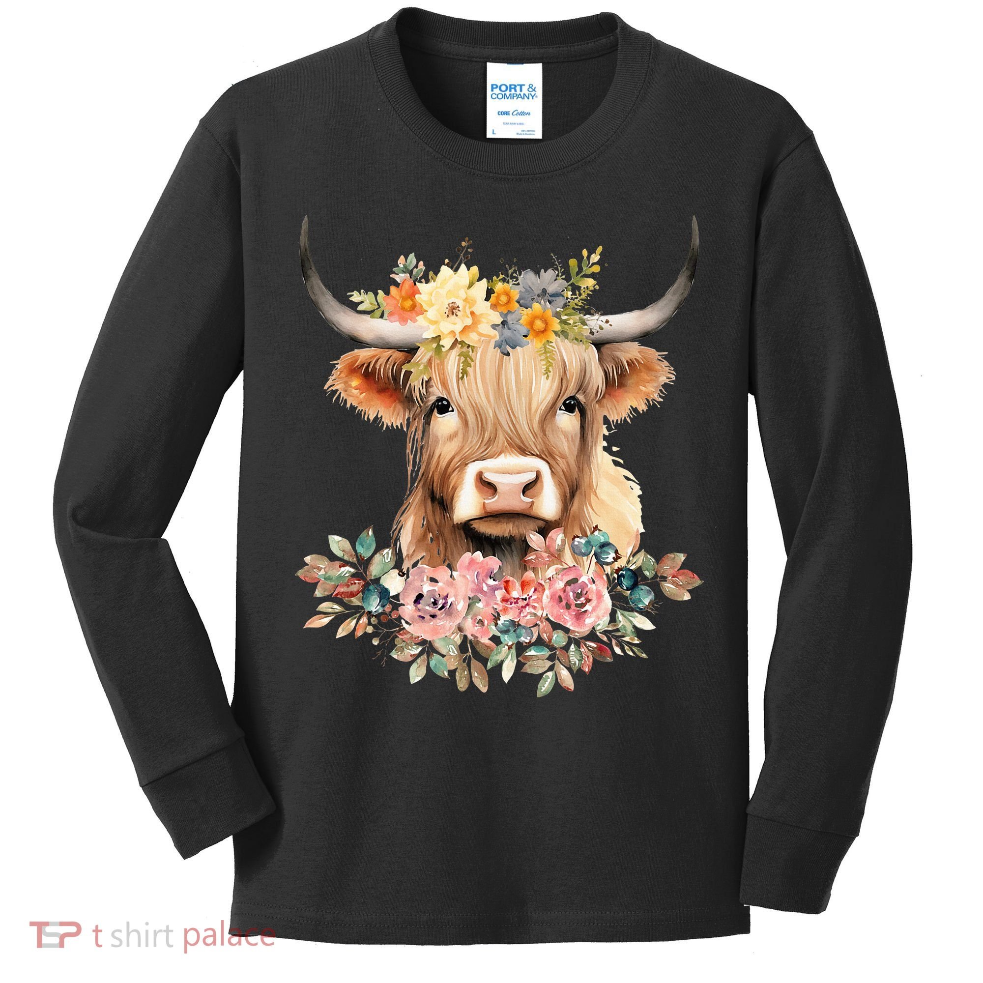 Adorable Highland Cow Calf with Festive Flowers Kids Long Sleeve Shirt