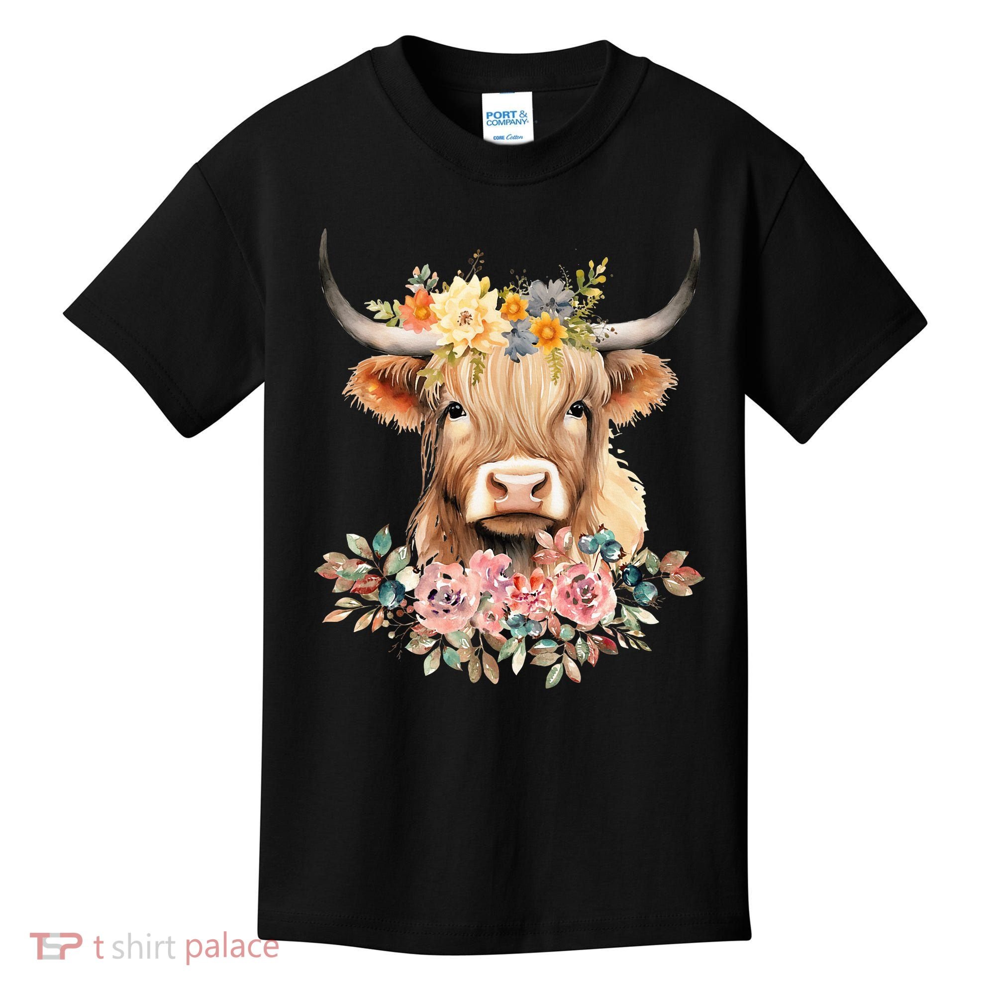 Adorable Highland Cow Calf with Festive Flowers Kids T-Shirt