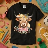 Adorable Highland Cow Calf with Festive Flowers Kids T-Shirt thumb 3