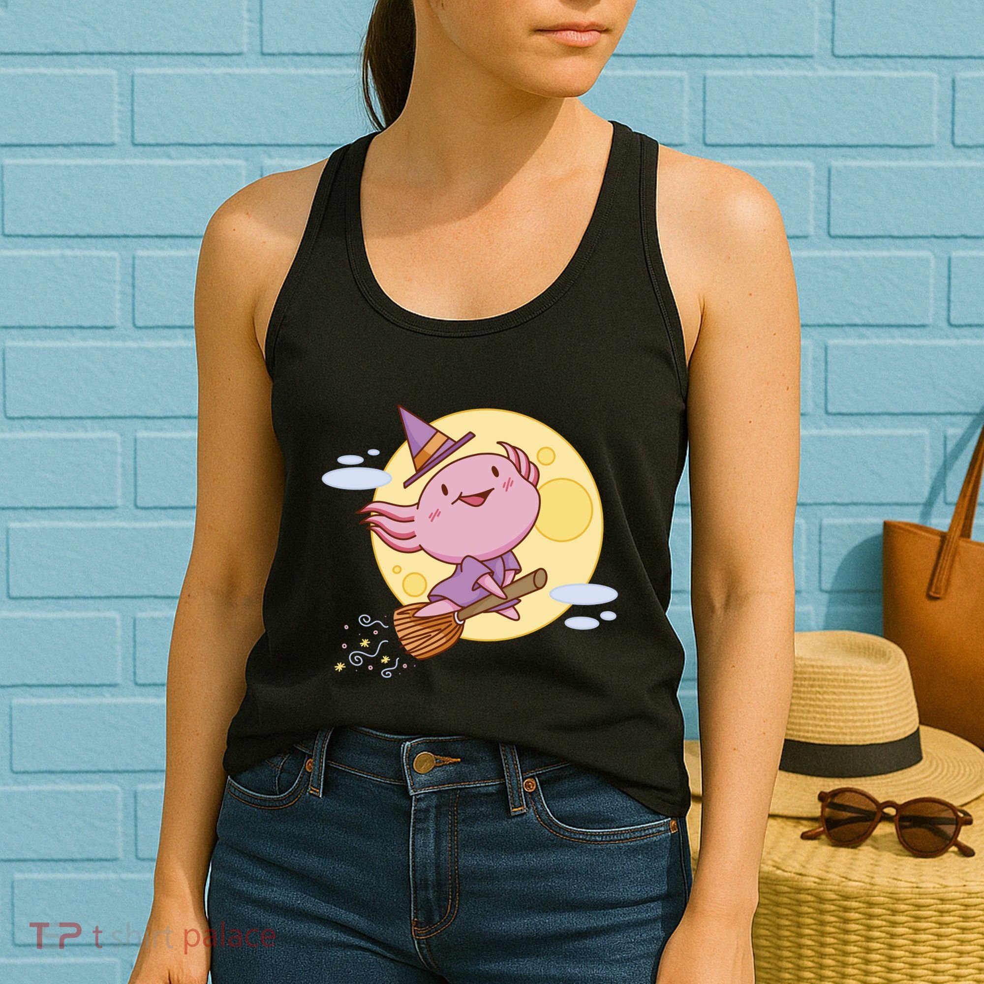 Axolotl Halloween Flying Witch Women's Tank Top