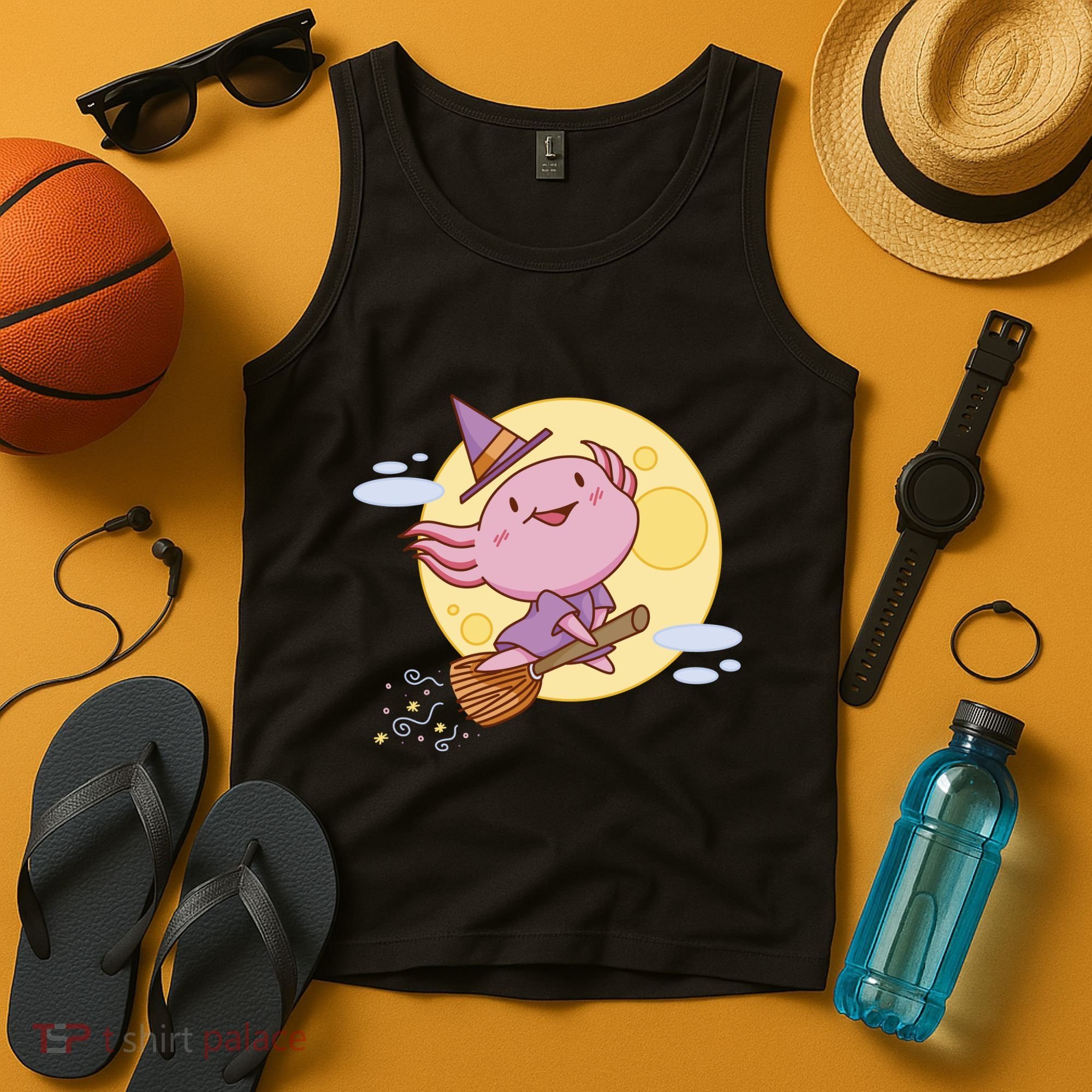 Axolotl Halloween Flying Witch Tank Top