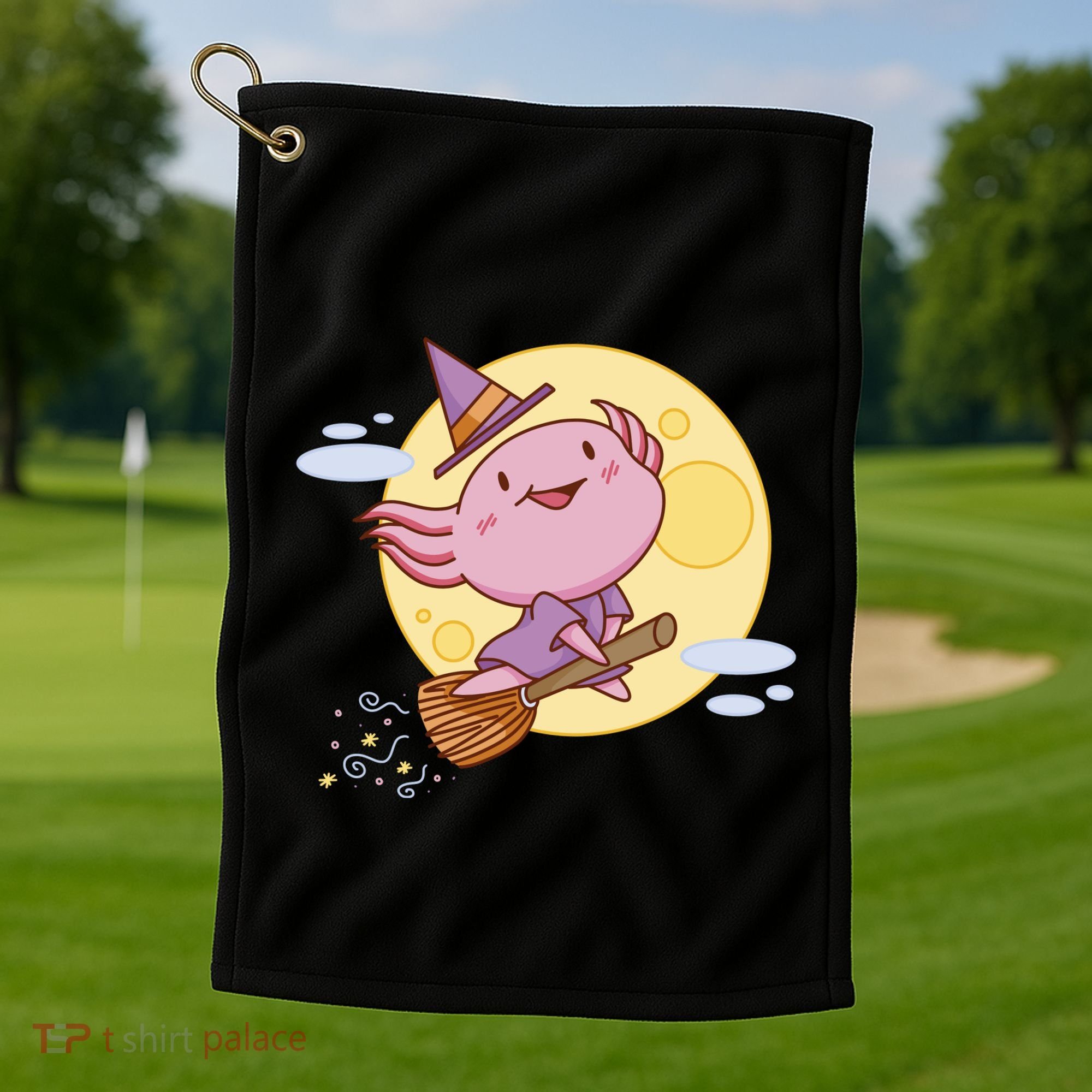 Axolotl Halloween Flying Witch Golf Towel