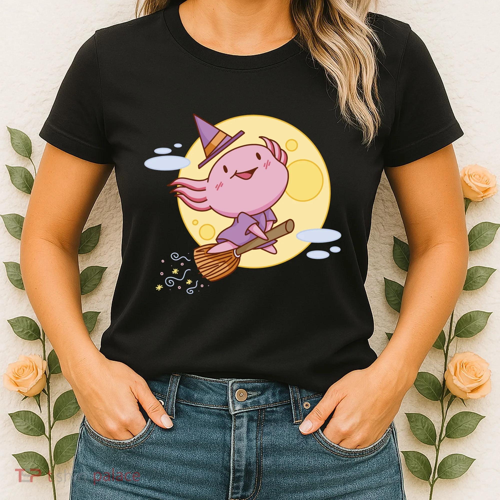 Axolotl Halloween Flying Witch Women's T-Shirt