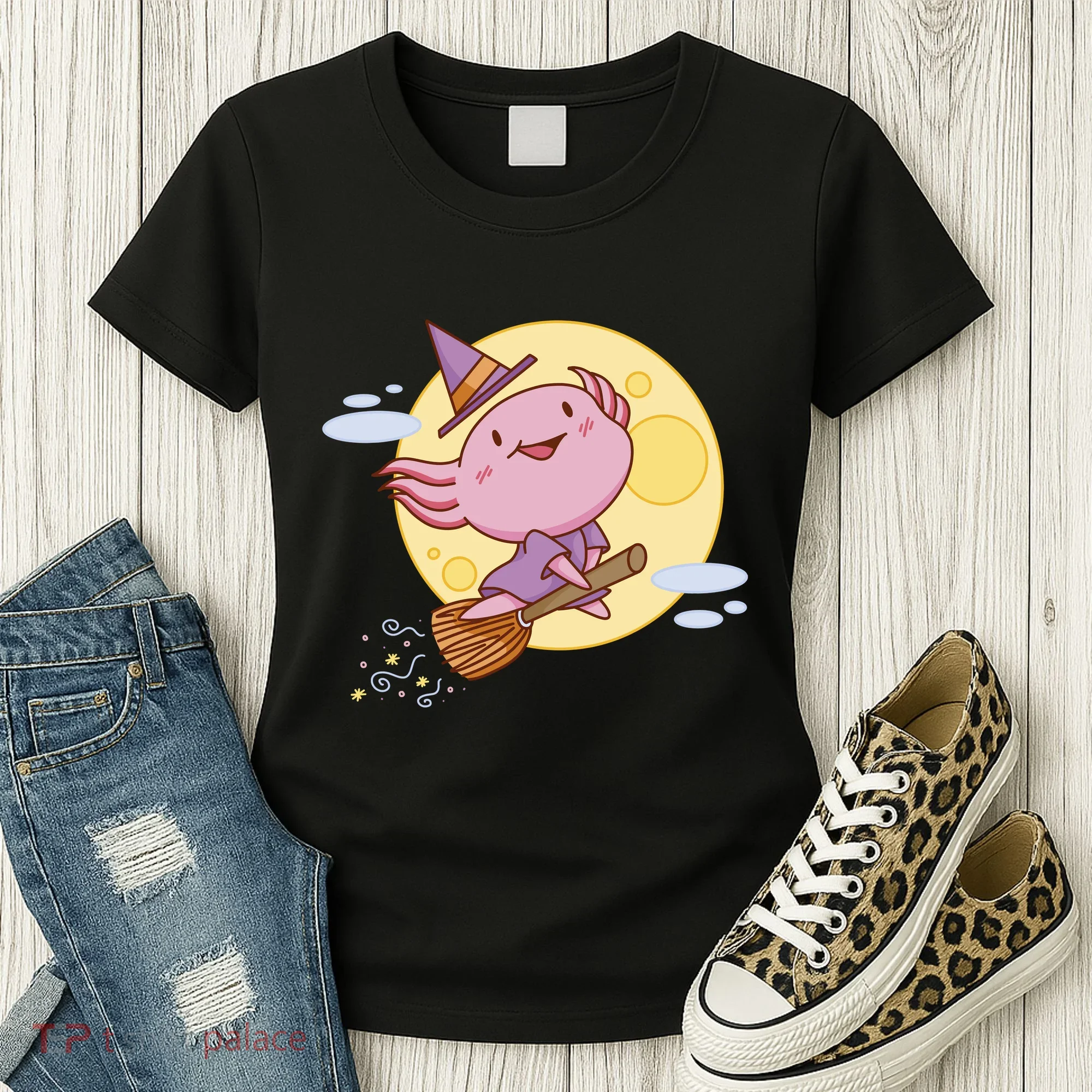 Axolotl Halloween Flying Witch Women's T-Shirt