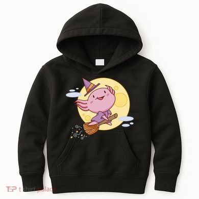 Axolotl Halloween Flying Witch Kids Hoodie