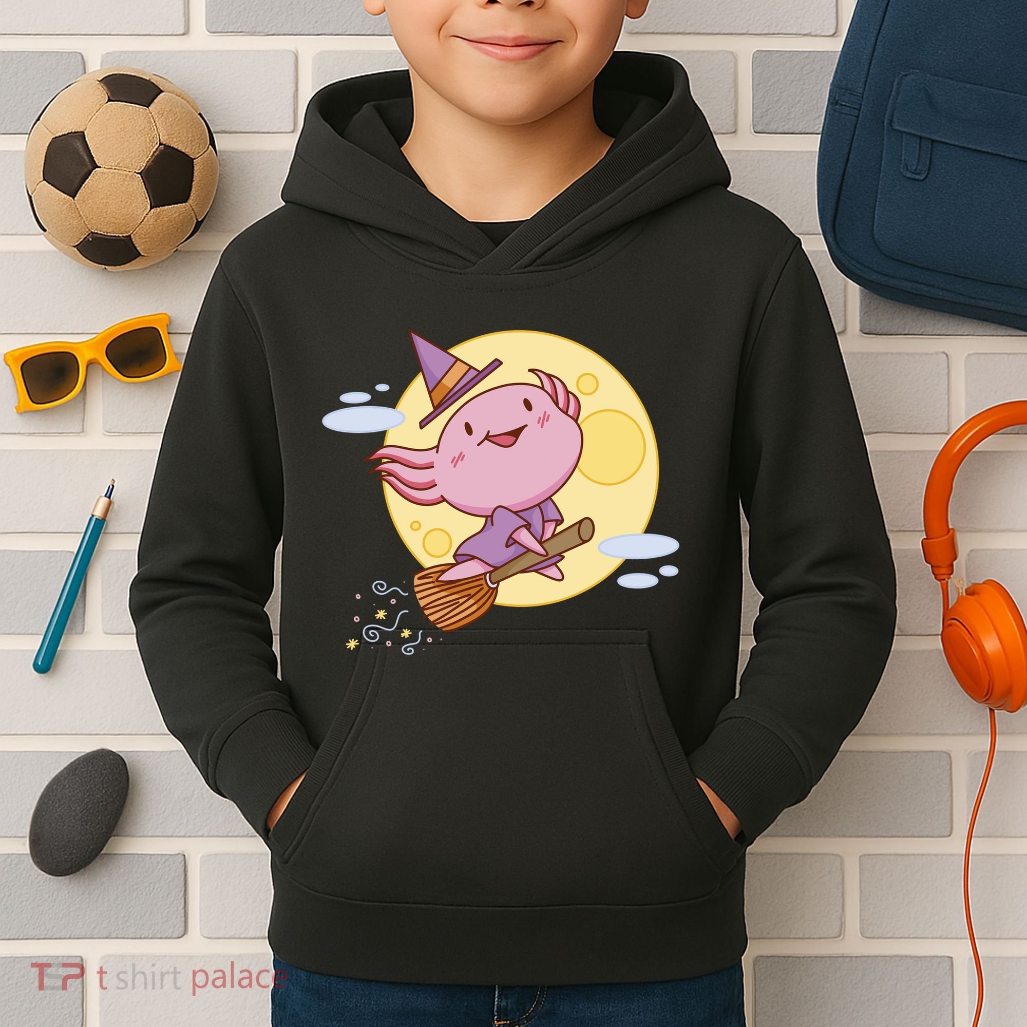 Axolotl Halloween Flying Witch Kids Hoodie