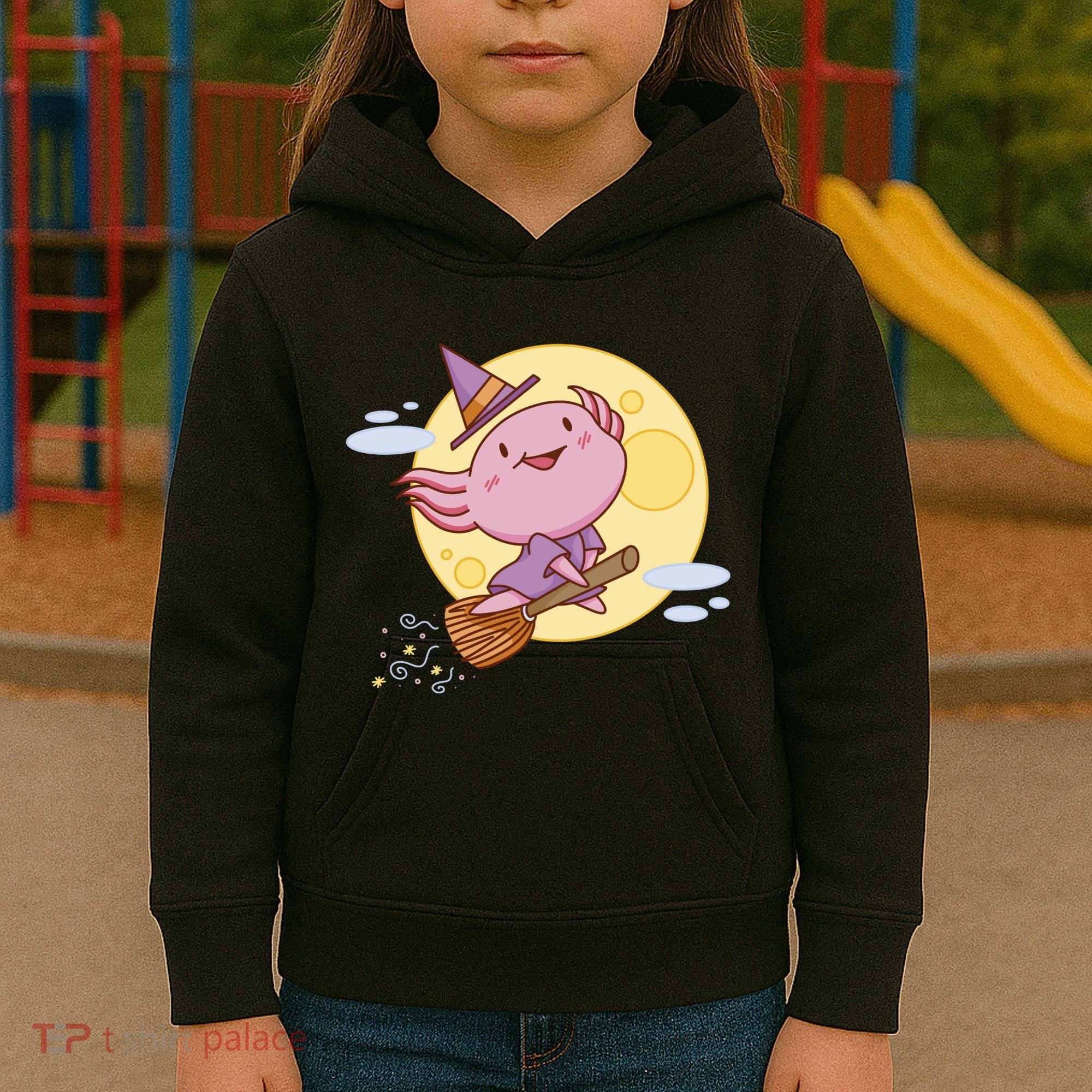 Axolotl Halloween Flying Witch Kids Hoodie