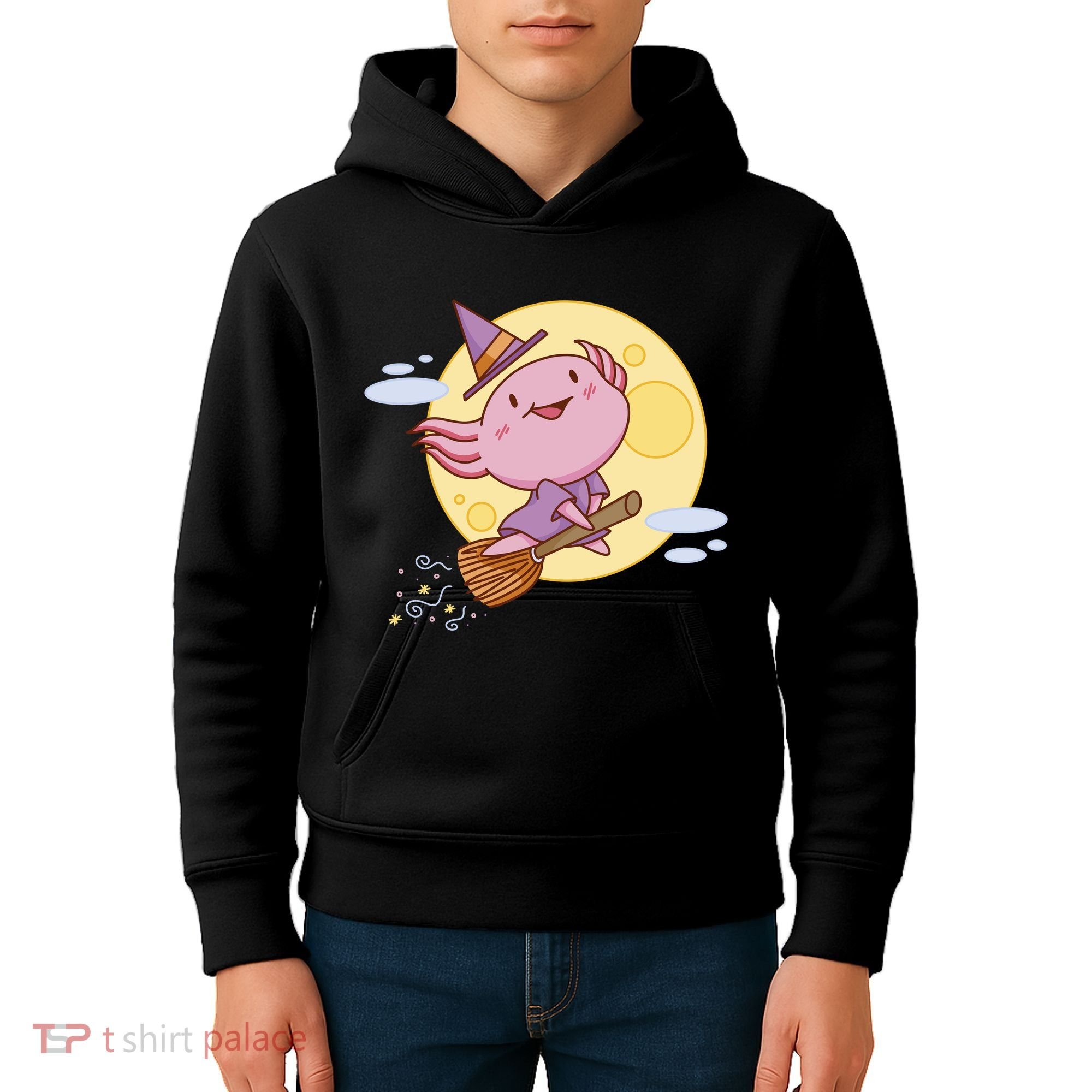 Axolotl Halloween Flying Witch Kids Hoodie