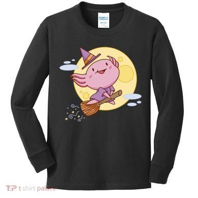 Axolotl Halloween Flying Witch Kids Long Sleeve Shirt